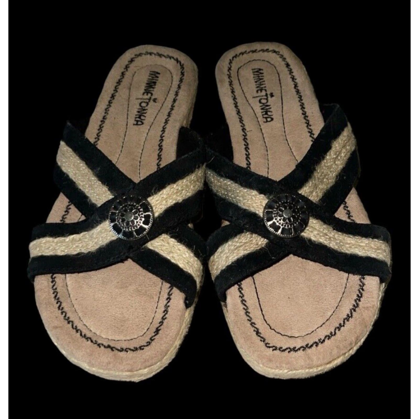 Minnetonka Minnetonka Sandal Women's Espadrille Leather Upper Black Tan Size 7 Flat Criss Cross Comfort Footwear Size US 7 / IT 37 - 3 Thumbnail