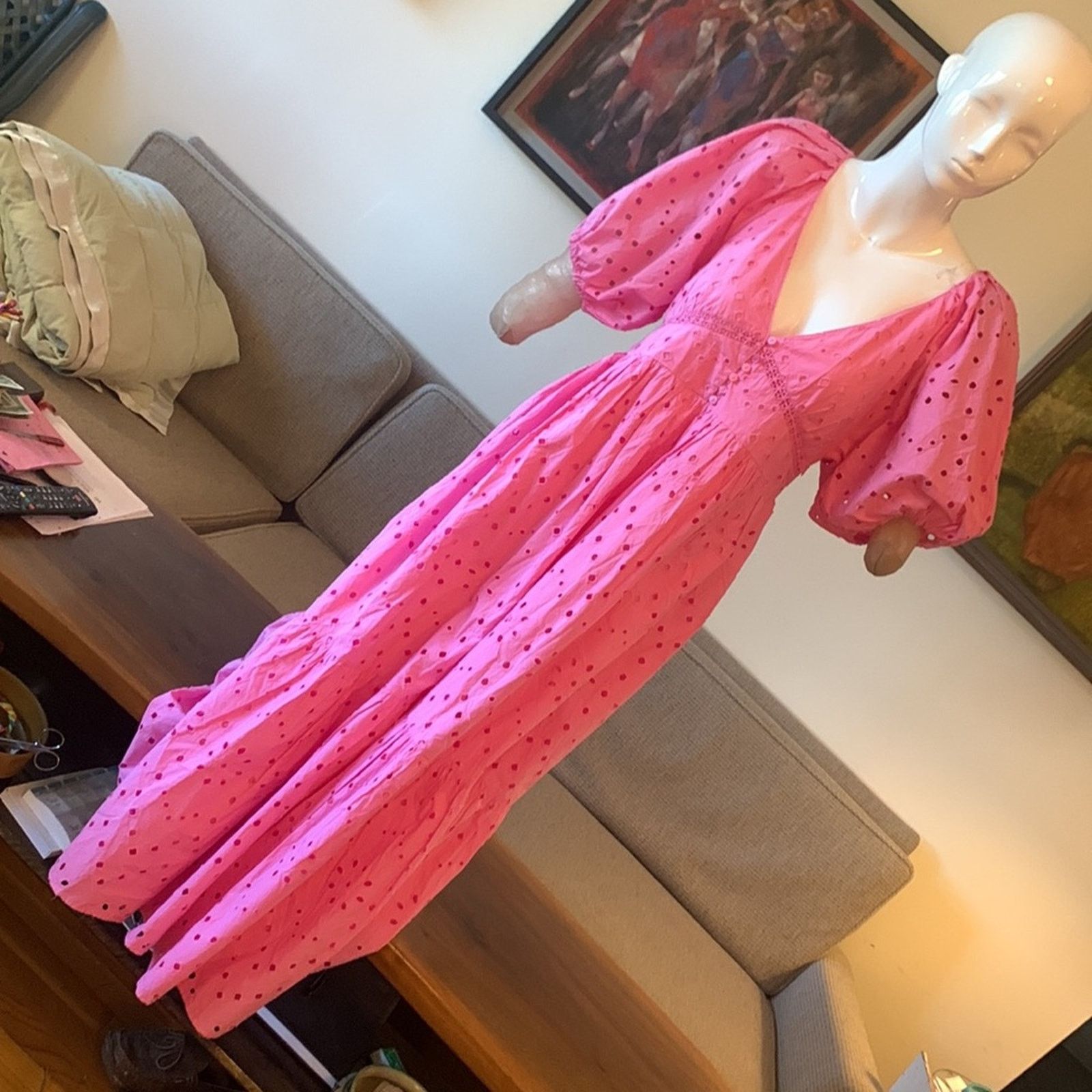 Zara BNWT Zara pink puff sleeve cotton eyelet dress Size L / US 10 / IT 46 - 2 Thumbnail