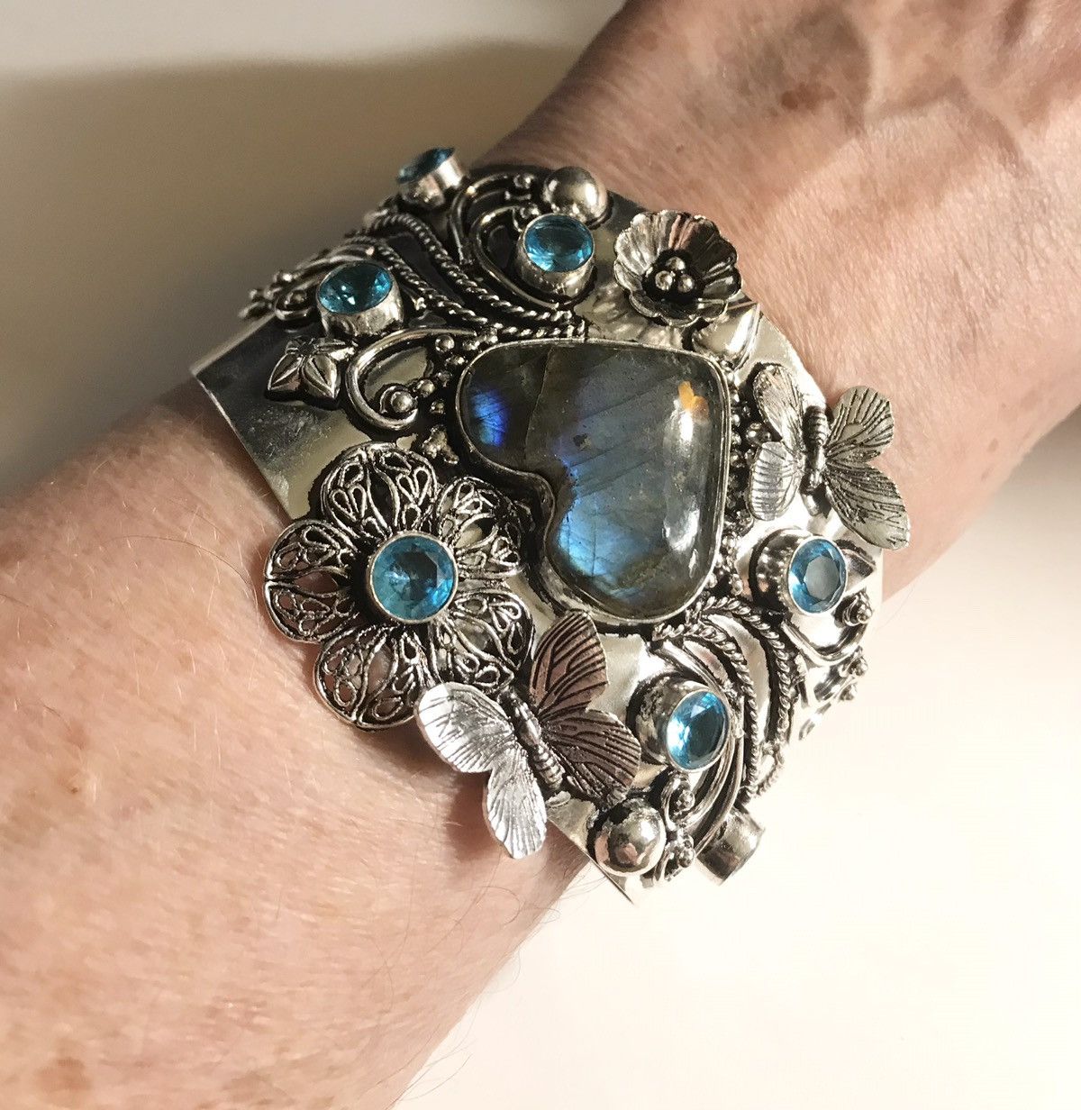 image of Stampd Labradorite Blue Topaz 925 Sterling Silver Cuff Bracelet in Green, Women's