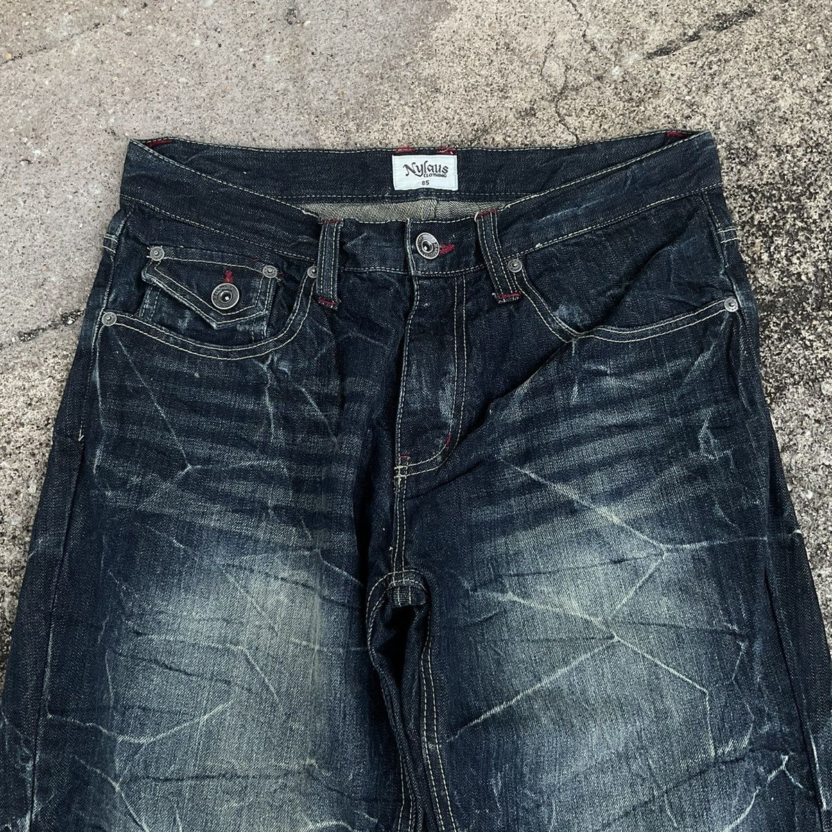 Japanese Brand Rare Design 💥 Vintage Nylaus Distressed Fiare jeans Size US 34 / EU 50 - 3 Thumbnail