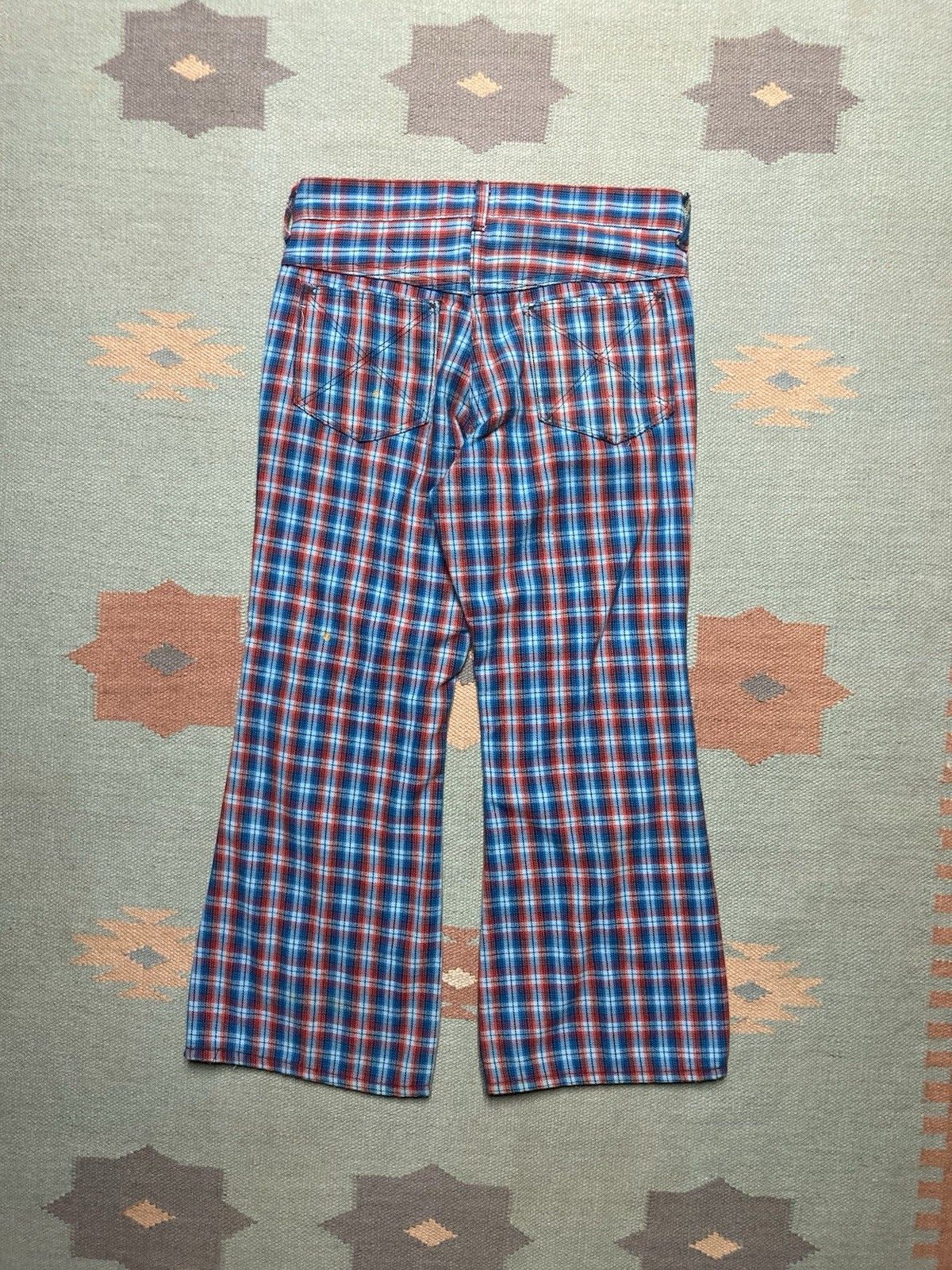 Vintage 1970s sears flare pants toughskins plaid wide hippie 29x25 Size 29" - 8 Thumbnail