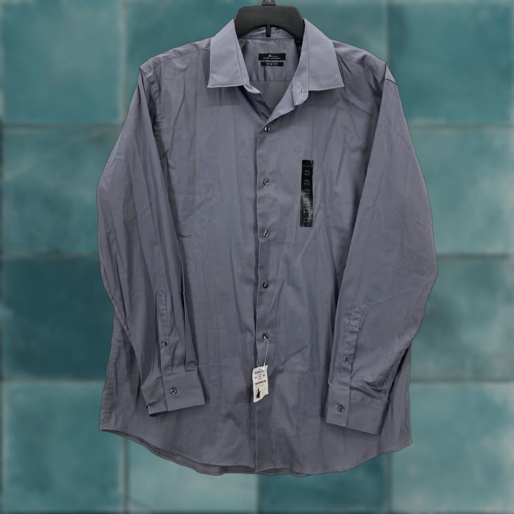 Marc Anthony Shirt Mens 17.5 Slim Fit Silver Gray Button Up Long Sleeve Dress  Shirt