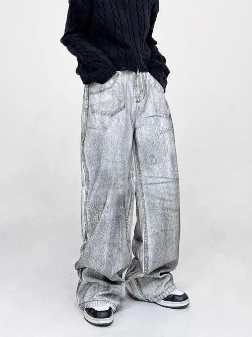 Japanese Brand High street tie-dye washed dirty white baggy jeans Size US 31 - 1 Thumbnail