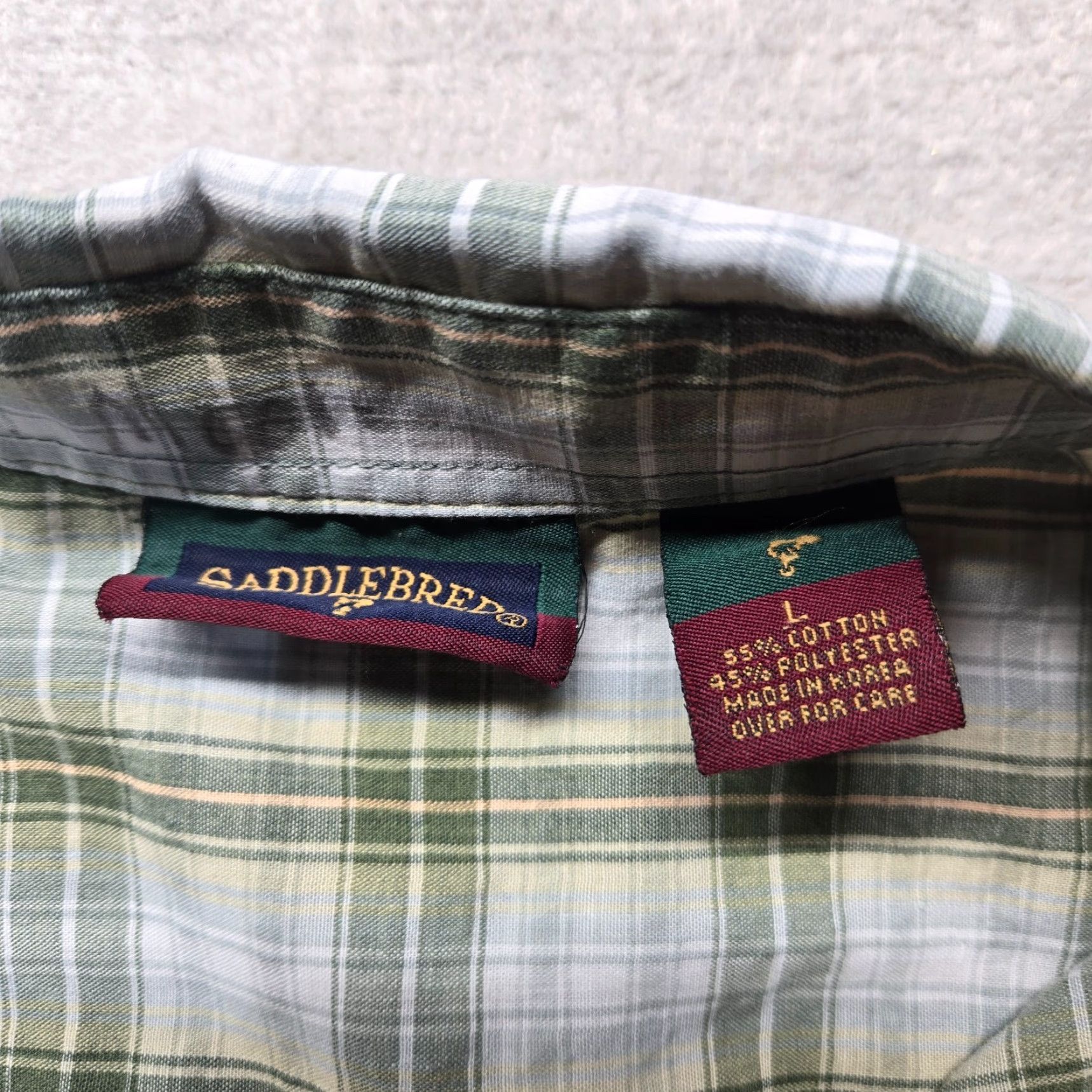 Vintage Saddlebred Shirt Button-Up Short Sleeve Men L Green Plaid Classic Fit A80 Buttons Pocket Logo Vintage: No Size US 33 - 3 Thumbnail