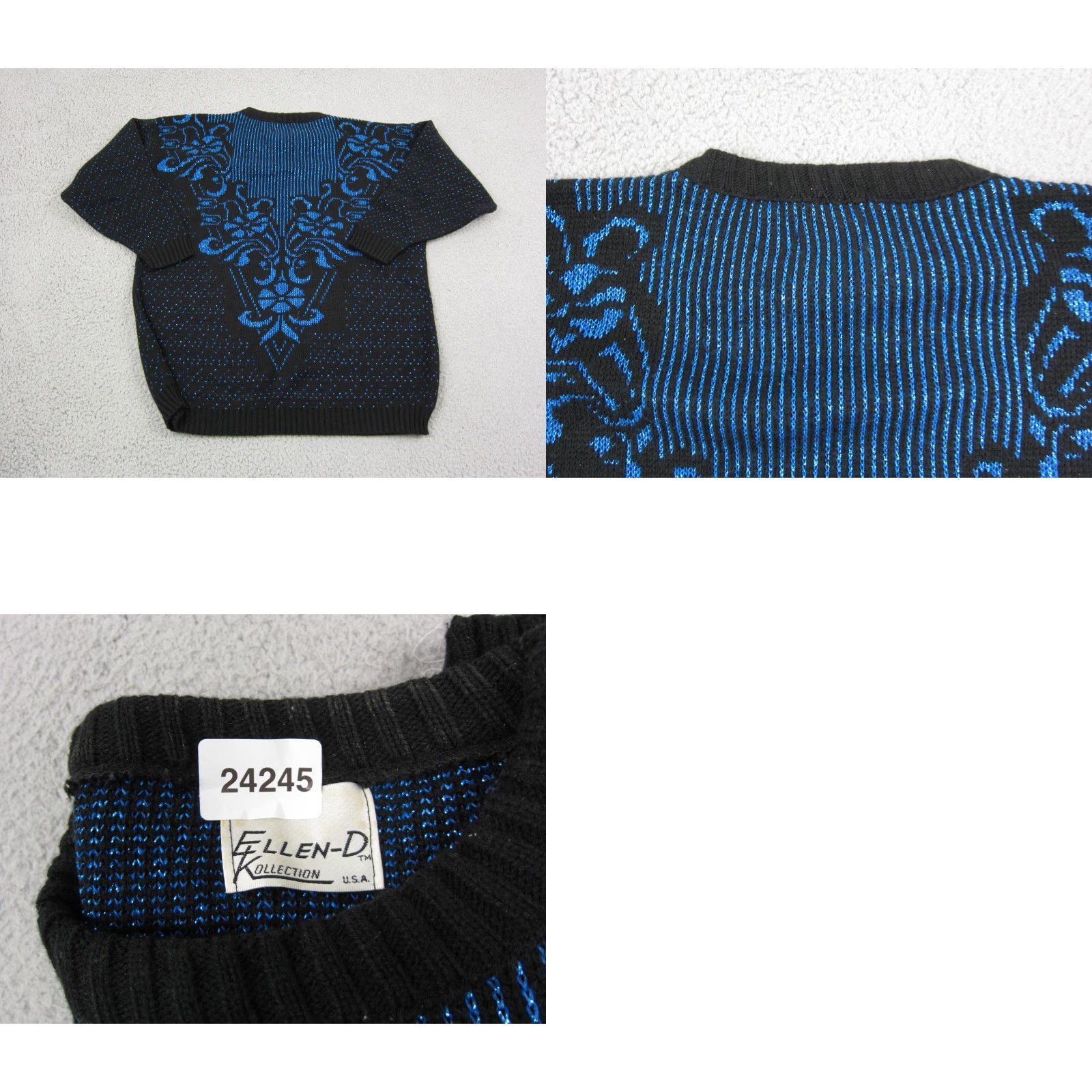 Vintage VINTAGE Ellen D Sweater Womens L Black Blue Baroque Knit 80s 90s Pullover Crew Neck Shiny Knit Shirt Mens Girls Womens Size L / US 10 / IT 46 - 8 Thumbnail