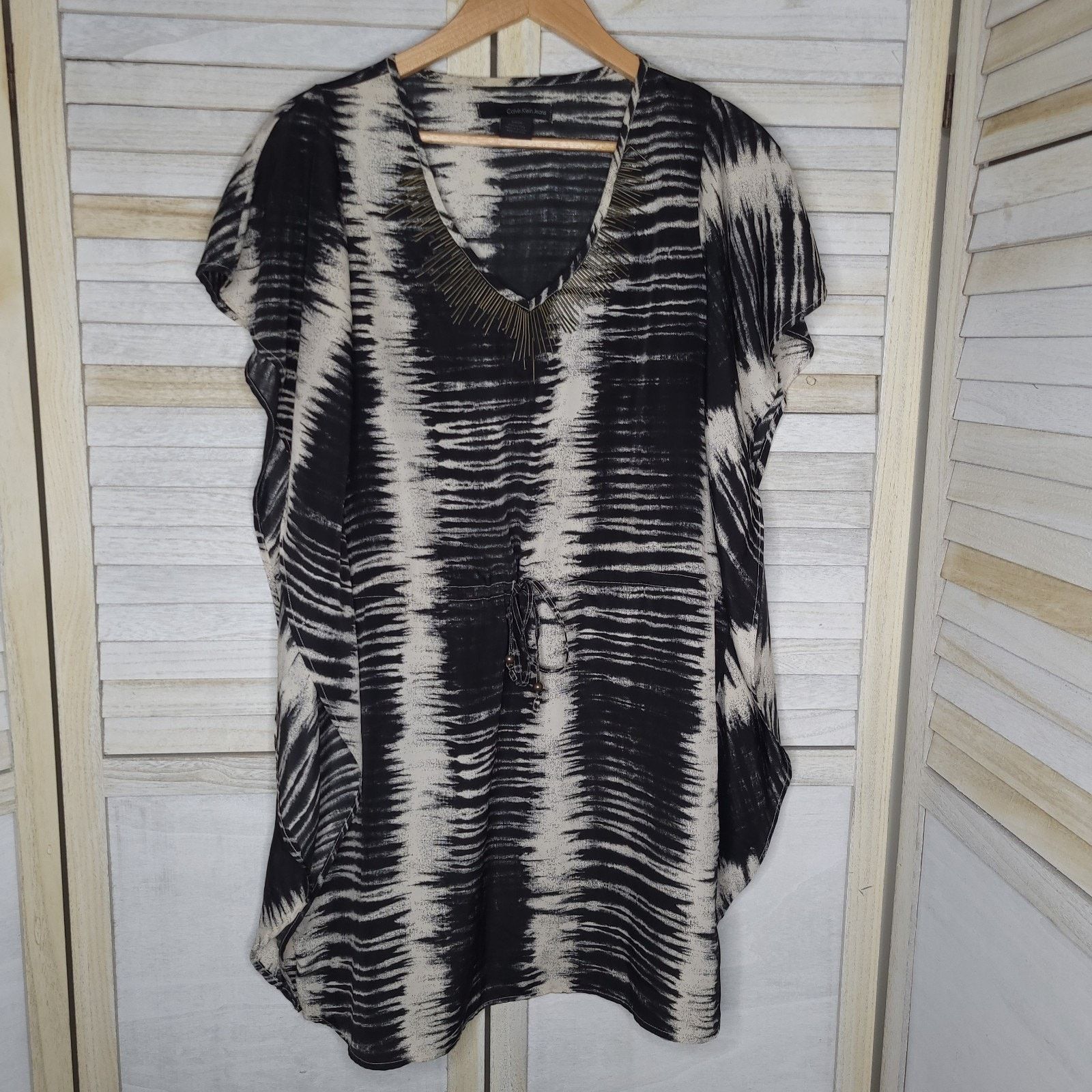 Calvin Klein Calvin Klein Print Caftan Small Beaded Tie Waist Black White Size S / US 4 / IT 40 - 2 Thumbnail