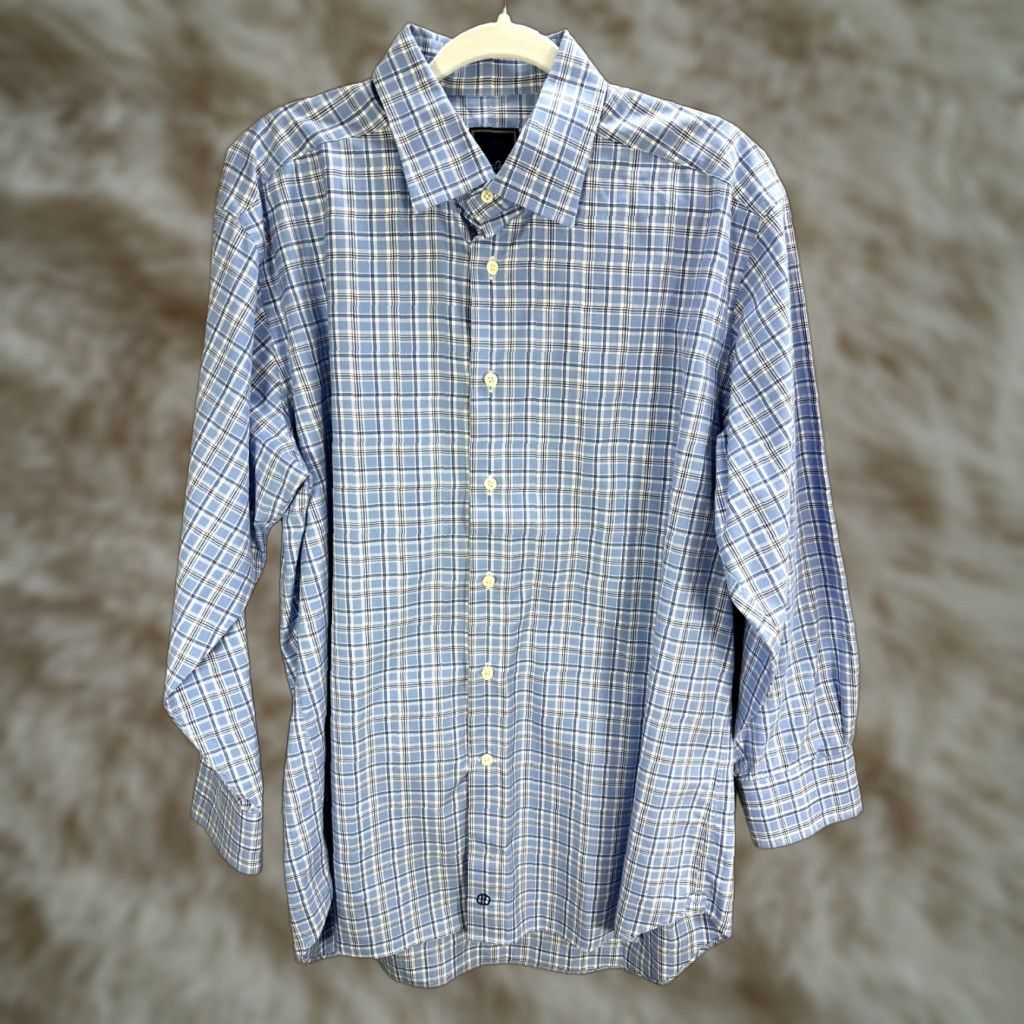 David Donahue David Donahue Blue Plaid Dress Shirt Button Up Long Sleeve Cotton Sz 17 Men’s Shirt Size 46R - 1 Thumbnail