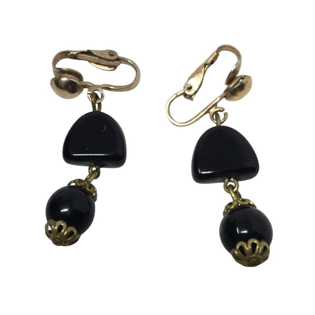 Other Women's Vintage Black and Gold Tone Dangle Clip on Earrings Size ONE SIZE - 1 Thumbnail