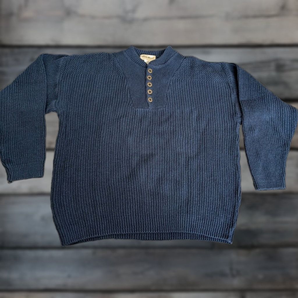 Eddie Bauer Vtg Eddie Bauer Sweater Mens L Blue Knit Fisherman Ribbed Henley USA Made EUC Size US L / EU 52-54 / 3 - 1 Thumbnail