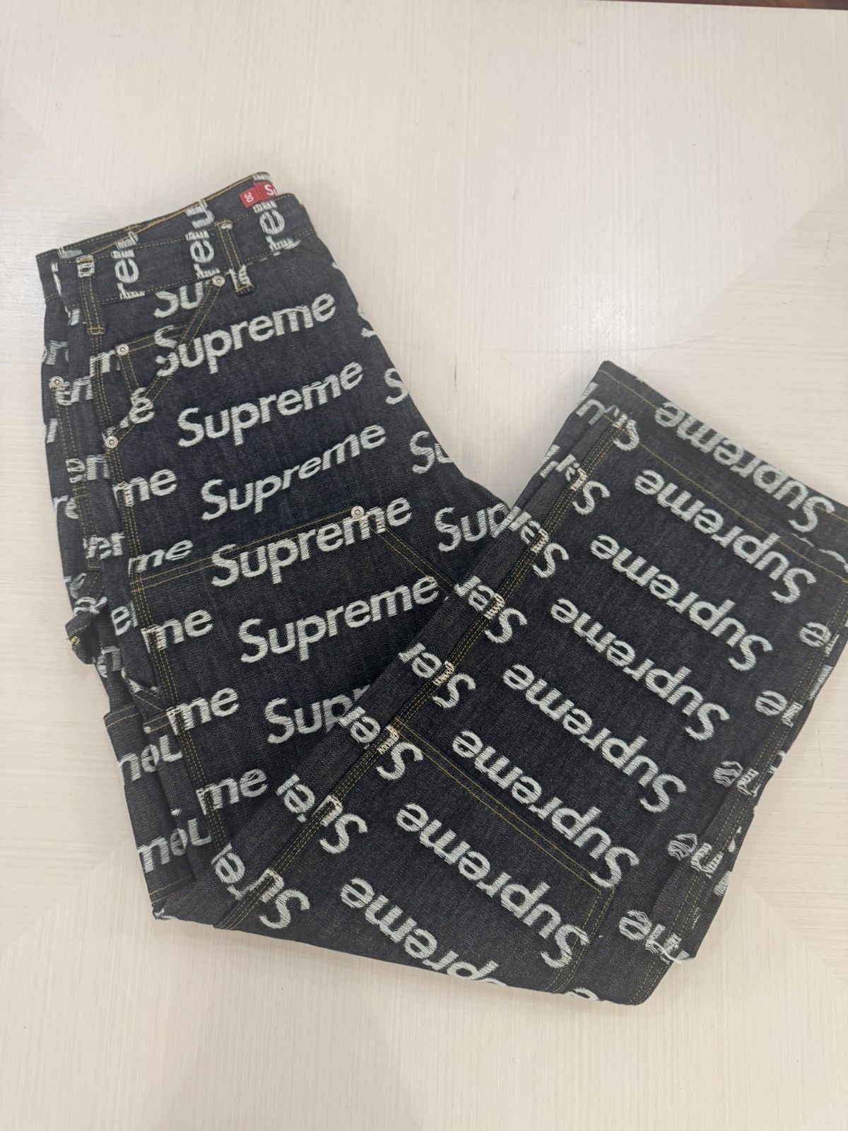 Supreme frayed denim jacquard logos jeans sz 30 indigo used