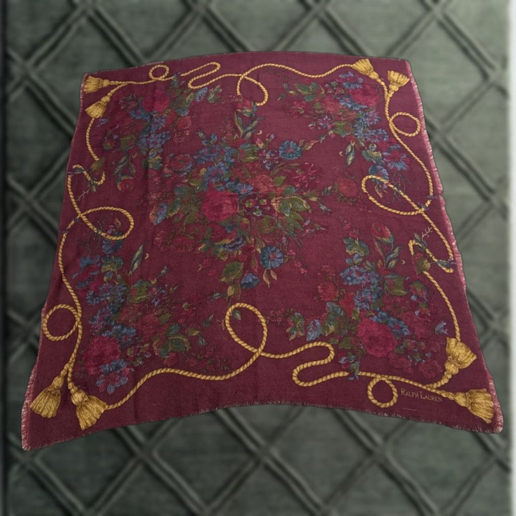 Vintage VINTAGE Polo Ralph Lauren Scarf Women's Wool Floral Rose Burgundy Red Heritage 100% Wool Size ONE SIZE - 1 Thumbnail