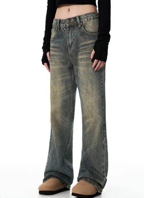 American retro distressed low-rise flared straight jeans