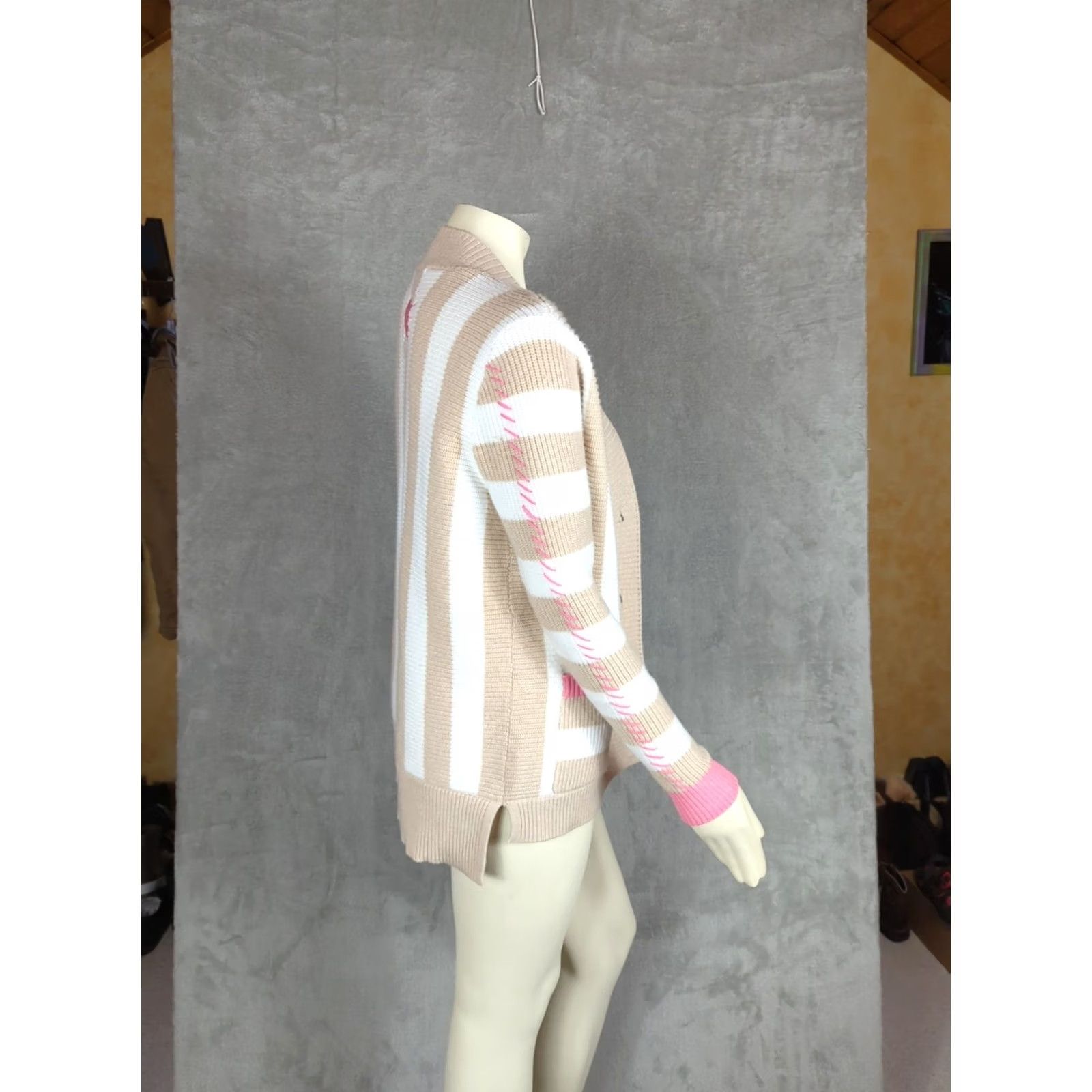 Vintage Kerri Rosenthal Knit Heart Patch Beige/Tan Striped Cardigan Small Size S / US 4 / IT 40 - 4 Thumbnail
