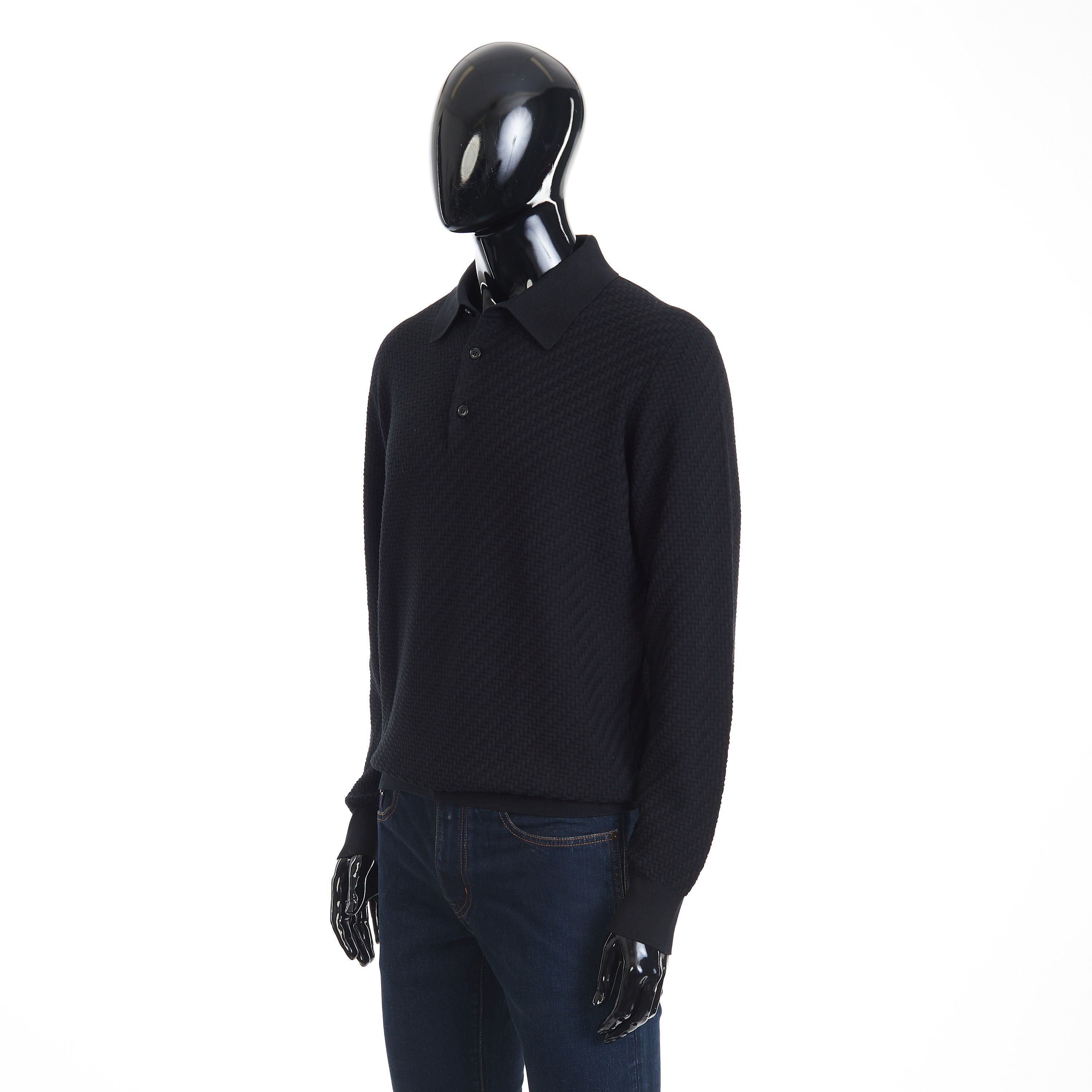 Brioni Black Cotton, Silk And Cashmere Trama Weave Polo Sweater 5XL Size US XXL / EU 58 / 5 - 2 Thumbnail