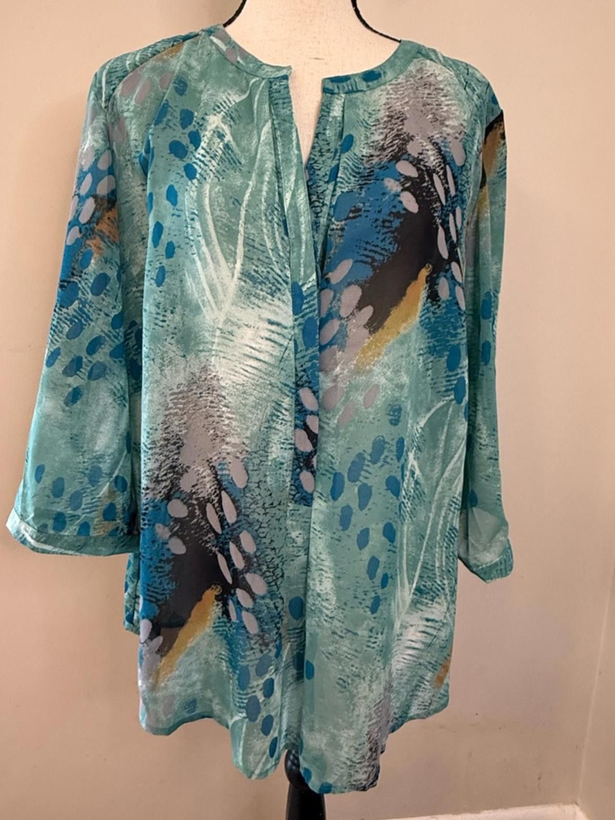 Ambrosi Studio Ambrosia semi sheer long sleeves top peacock colors SZ 14 Size XL / US 12-14 / IT 48-50 - 1 Thumbnail