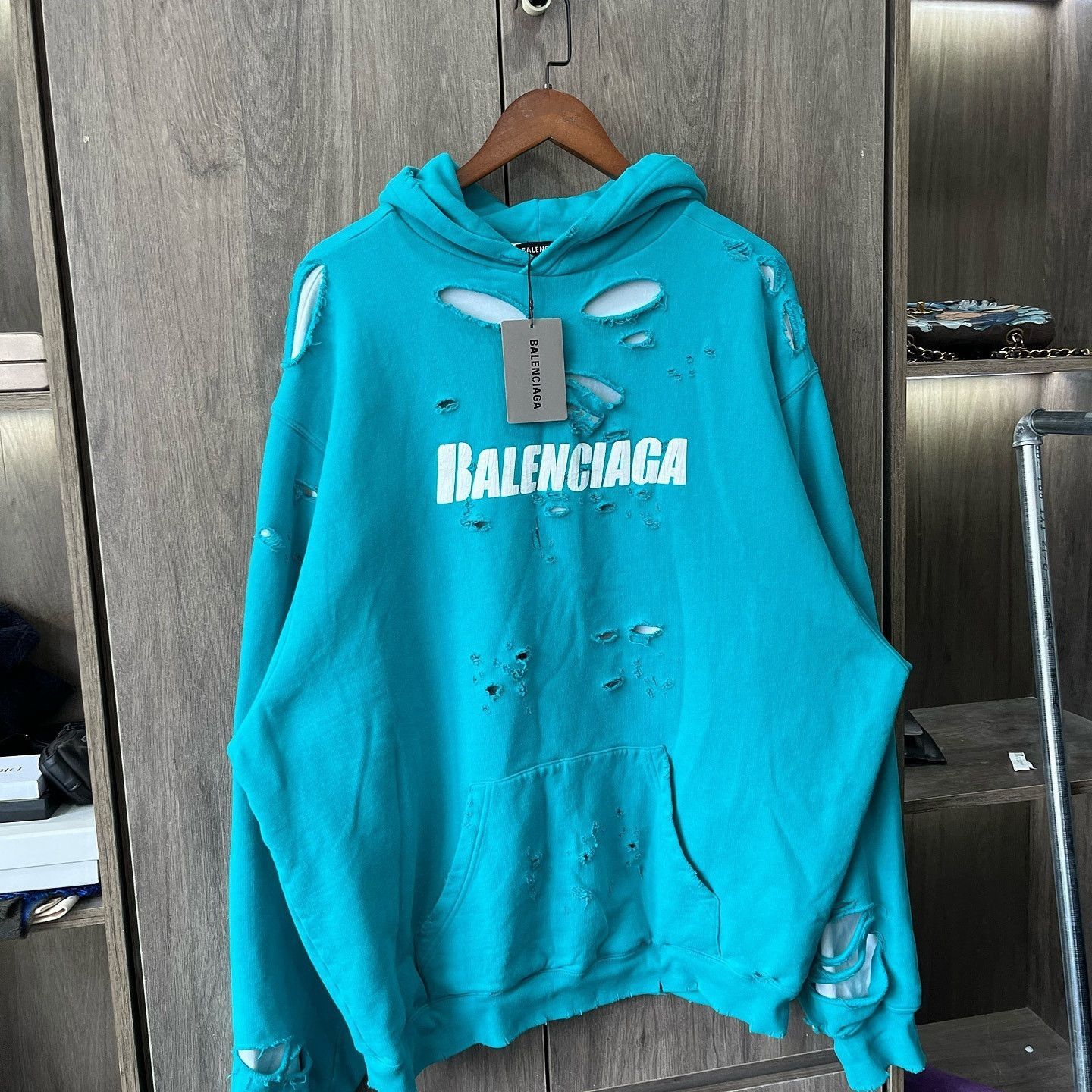 Balenciaga Balenciaga Blue Destroyed Logo Hoodie | Grailed
