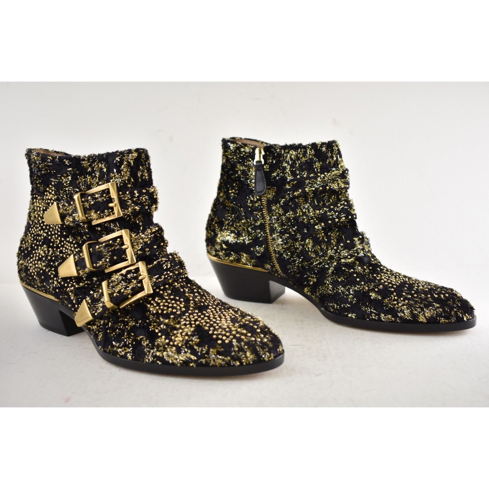 Chloe Chloe Suzanna Black Gold Velvet Studded Ankle Bootie 37 Size US 7 / IT 37 - 3 Thumbnail