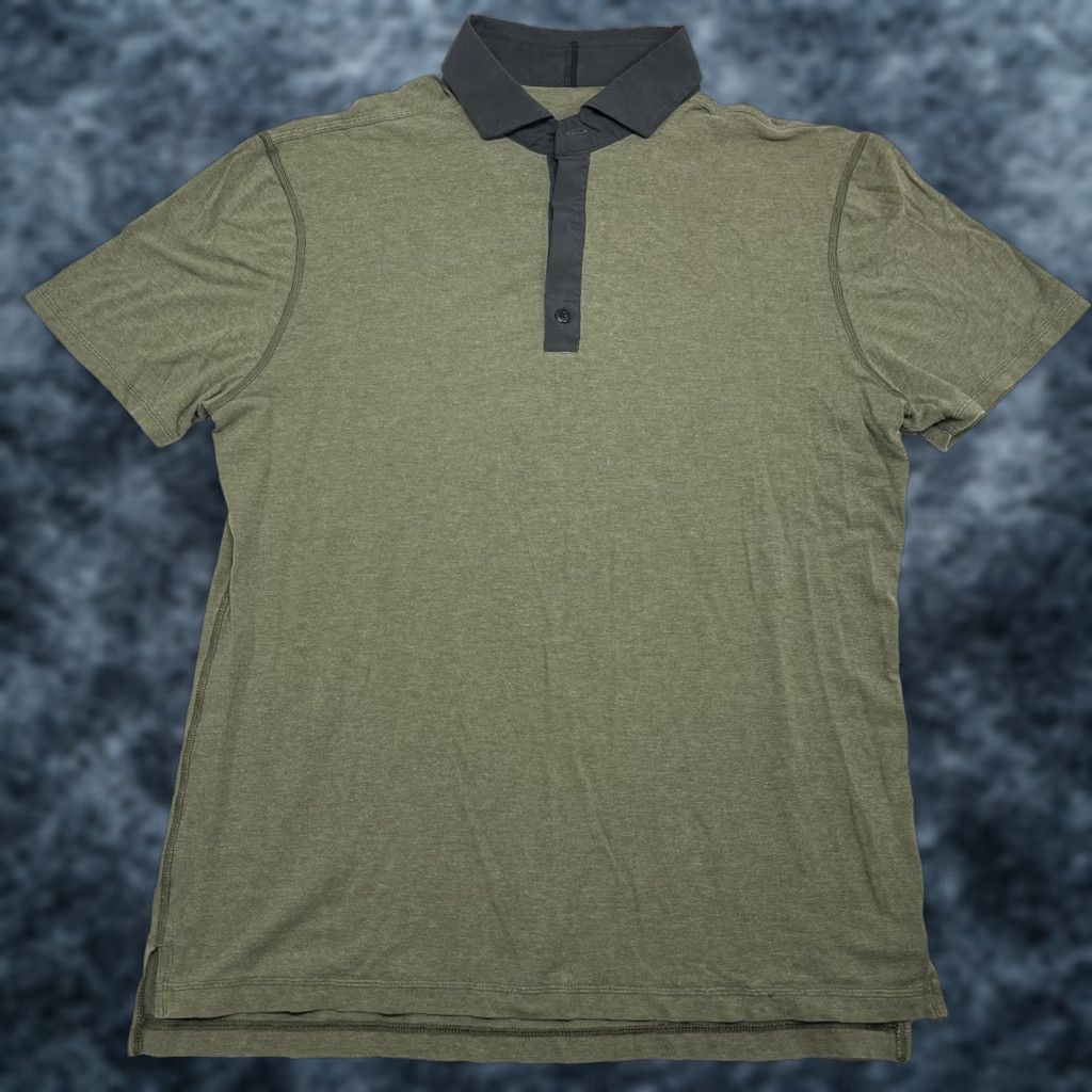 Lululemon Polo Shirt Mens M Green Black Post Practice Performance Golf Shirt Polo Short Sleeve Button-Down Collared Athletic Fit Logo