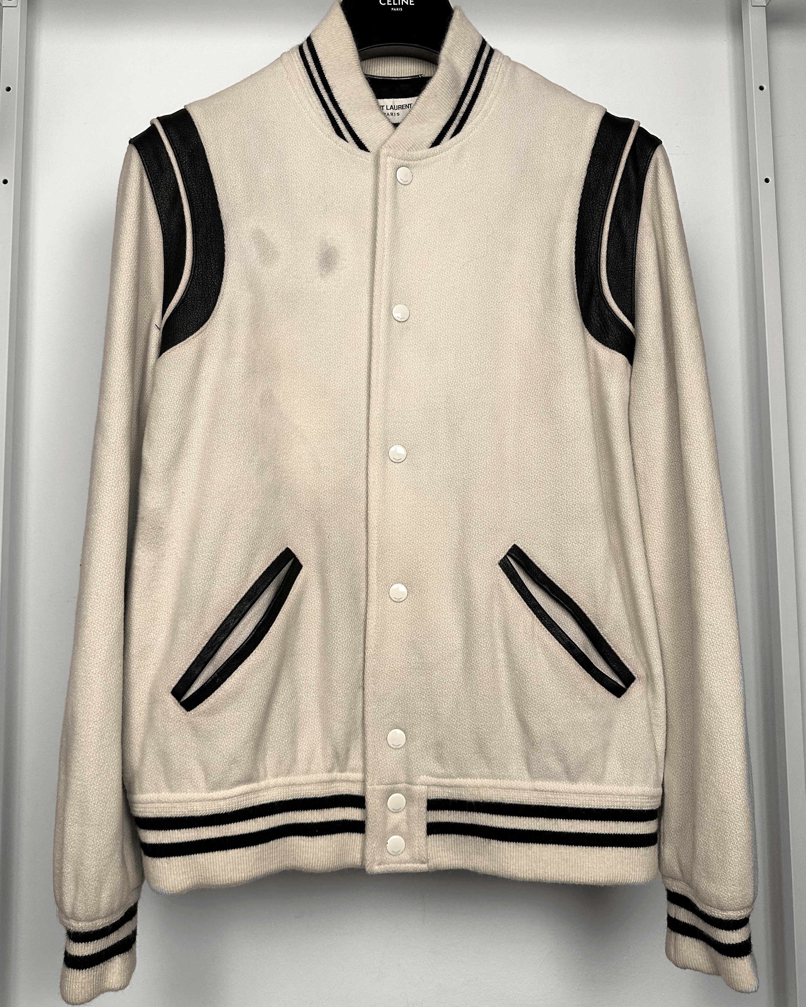 Saint Laurent Paris Saint Laurent Cream Teddy Varsity Bomber Jacket Size US L / EU 52-54 / 3 - 3 Thumbnail