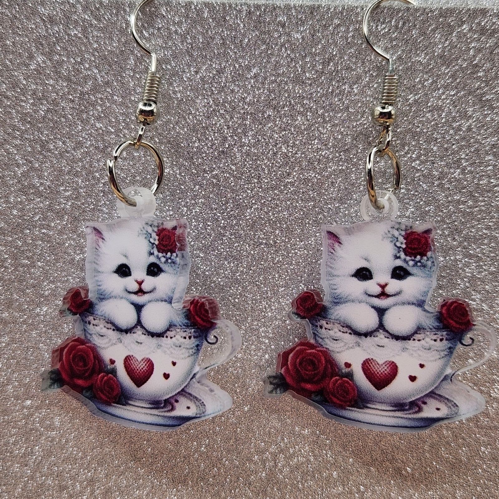 Other White Cat in Teacup Acrylic Earrings with Red Roses Size ONE SIZE - 5 Thumbnail