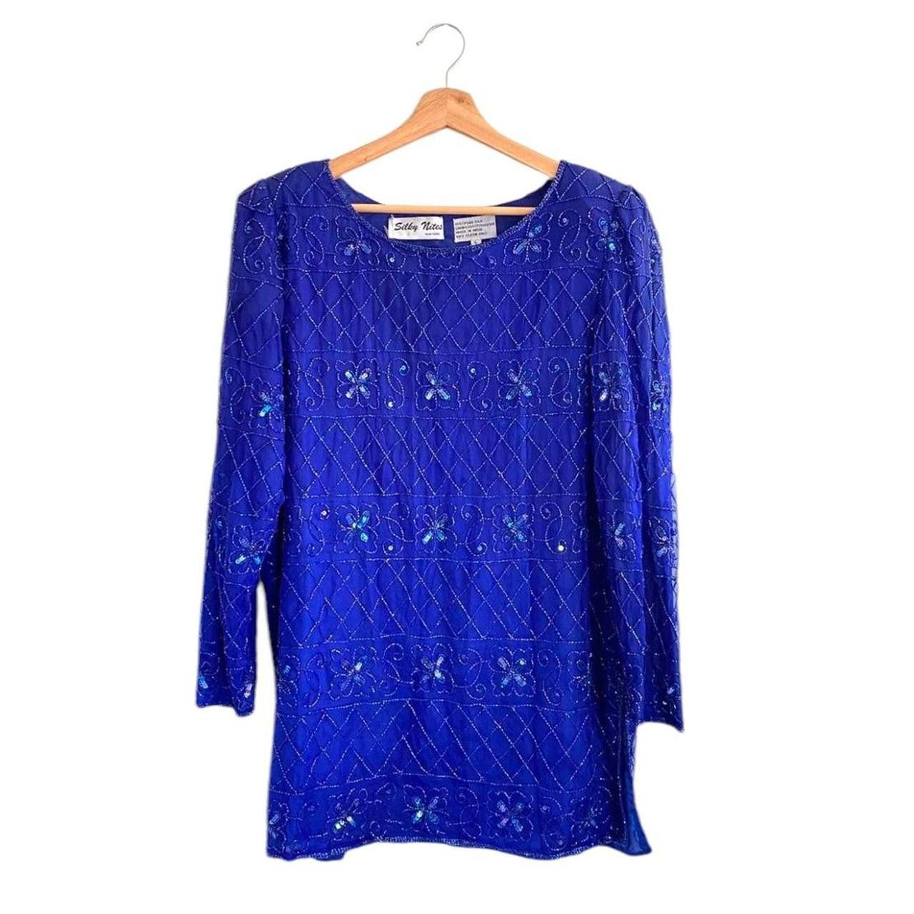 Vintage SILKY NITES VINTAGE BLUE SILK SEQUIN MINI DRESS LARGE Size L / US 10 / IT 46 - 1 Thumbnail
