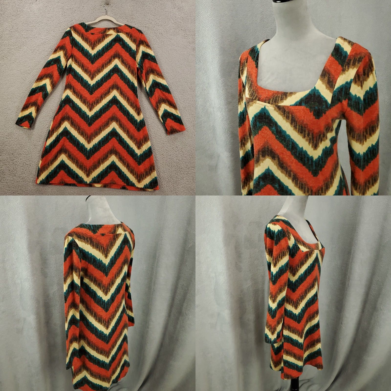 Anthropologie Aryeh Dress Womens L Boho Chevron Orange Blue Mini Short Shift Sweater Knit Geometric Casual Size 36" / US 14 / IT 50 - 8 Thumbnail