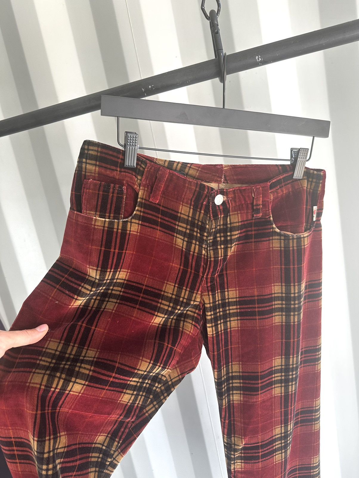 image of Jean Paul Gaultier x Vintage Velvet Plaid Pants in Burgundy, Men's (Size 28)