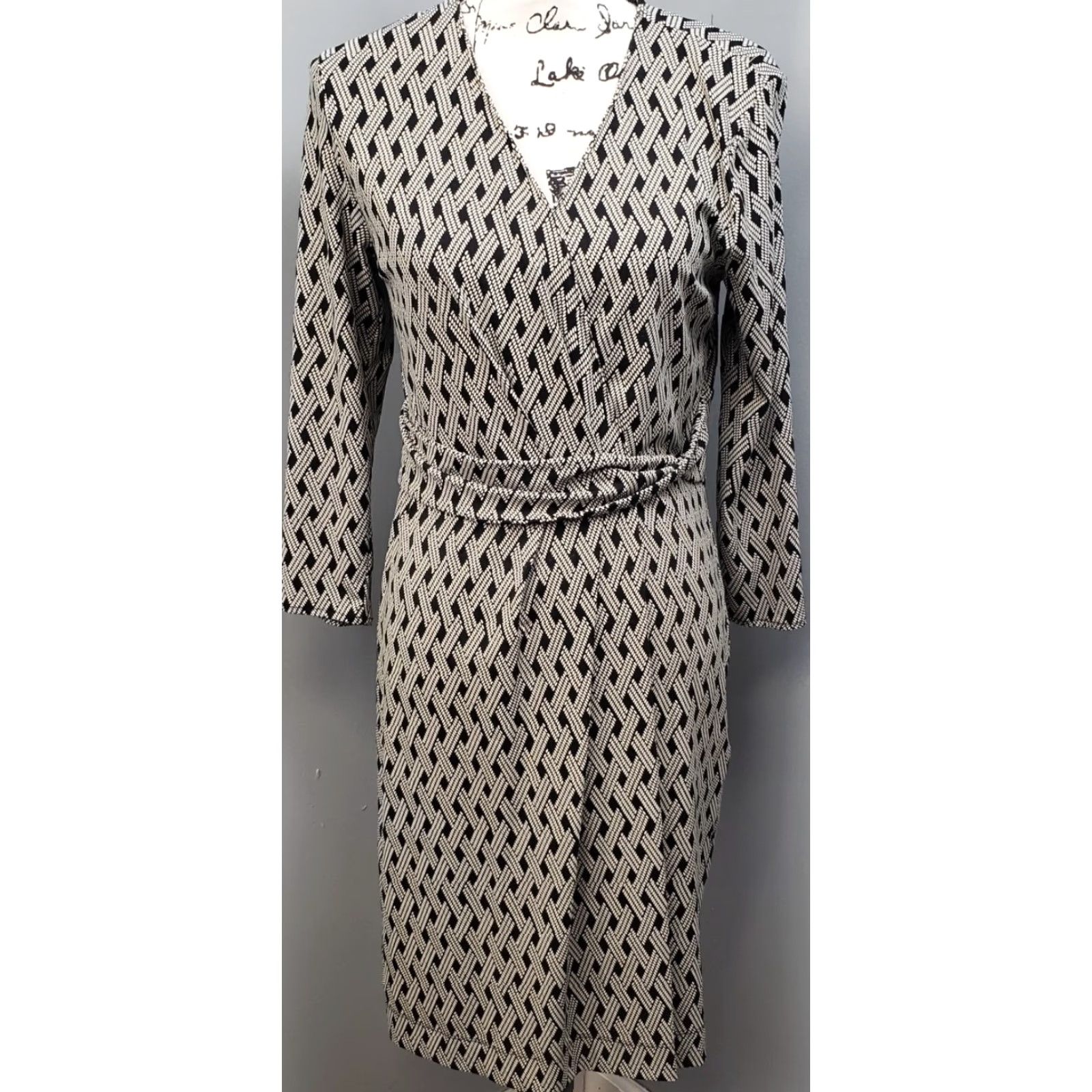 Talbots Talbots Dress Womens M Black White Geometric Print Nylon Faux Wrap Stretch Size M / US 6-8 / IT 42-44 - 2 Thumbnail