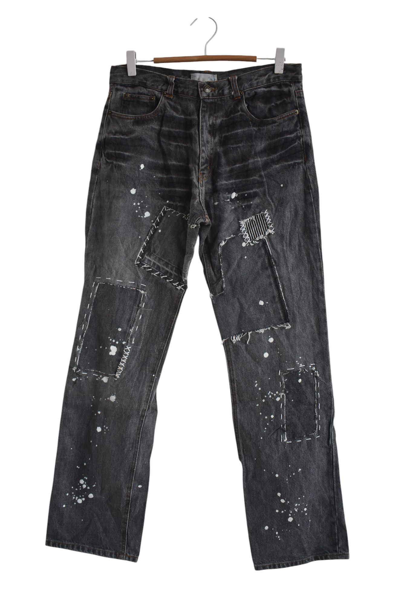 Wide Leg Distress Paint Patchwork Jeans Pants W31
