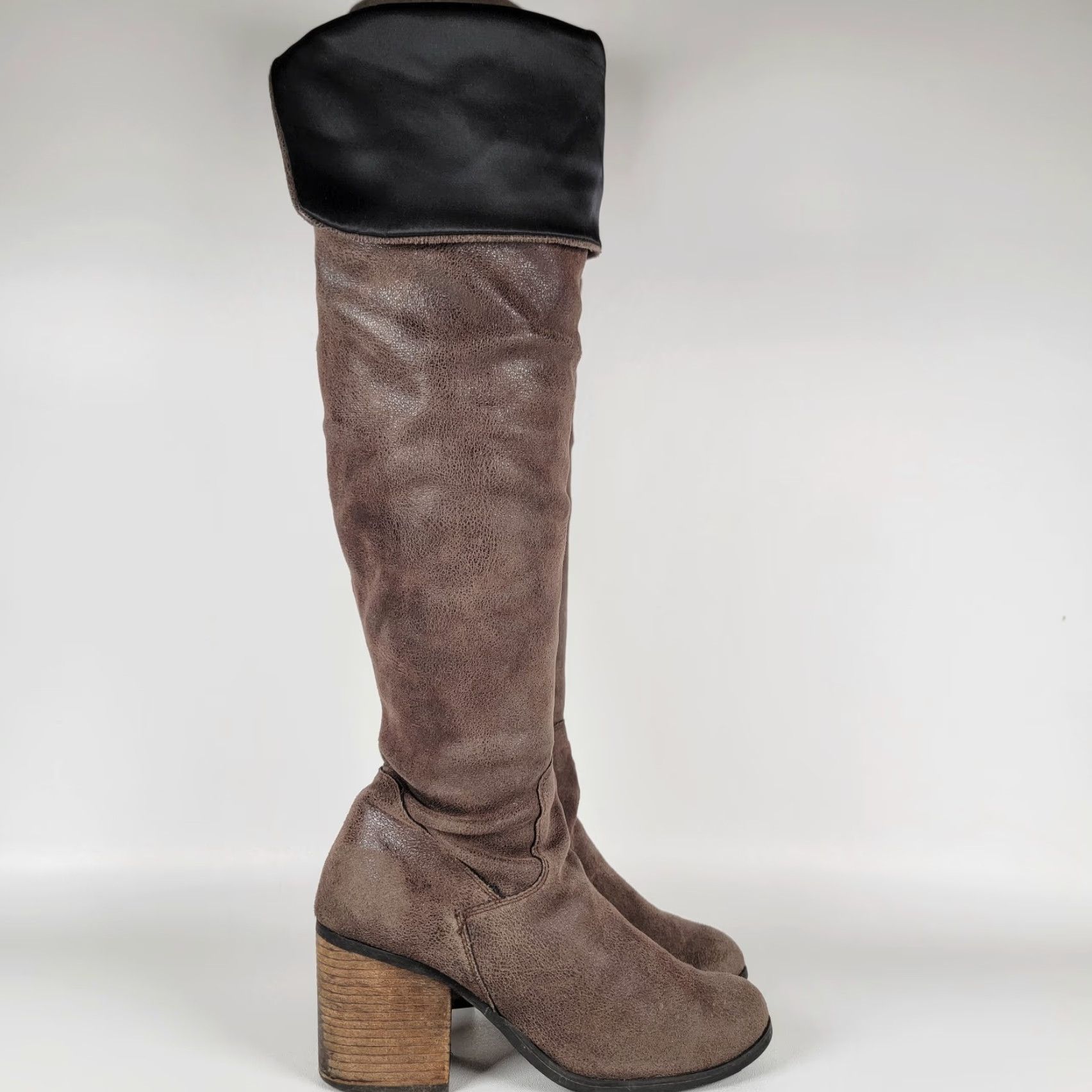 Vintage Hinge Over The Knee Brown Faux Leather Grunge Boot Pull On Women's 8M Heel Western Block Styling Size US 8 / IT 38 - 3 Thumbnail