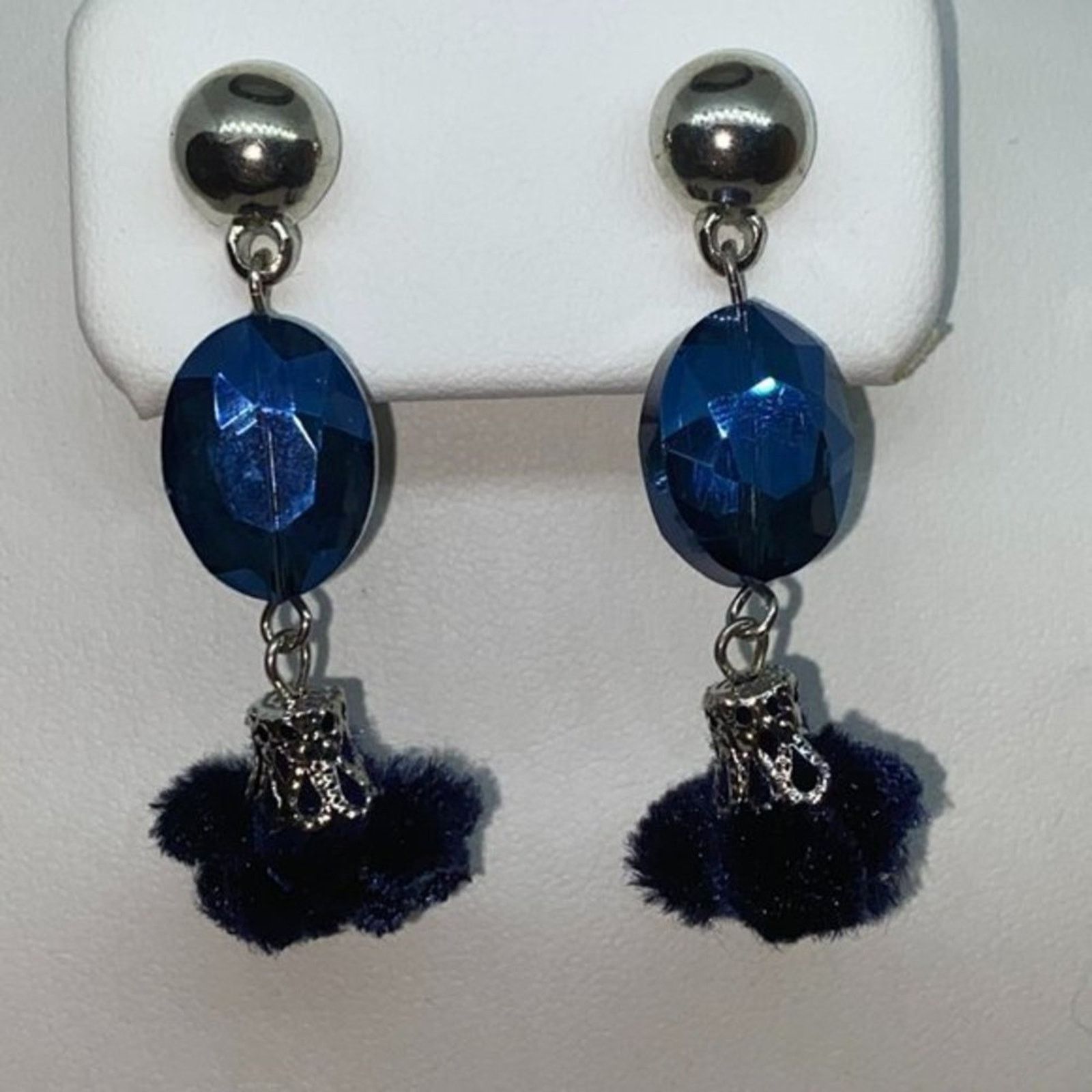 Handmade Silver-Tone Blue Beaded & Pom-Pom Dangle Earrings Size ONE SIZE - 3 Thumbnail