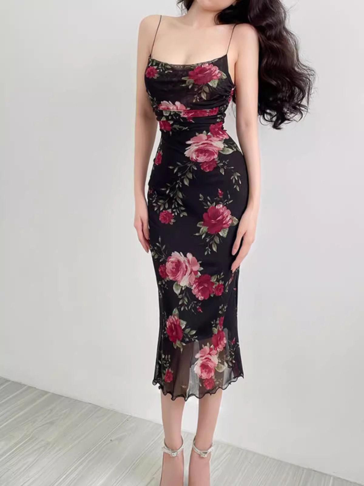 image of Vintage Retro Sexy Waisted Print Halter Dress in Red, Women's (Size Medium)