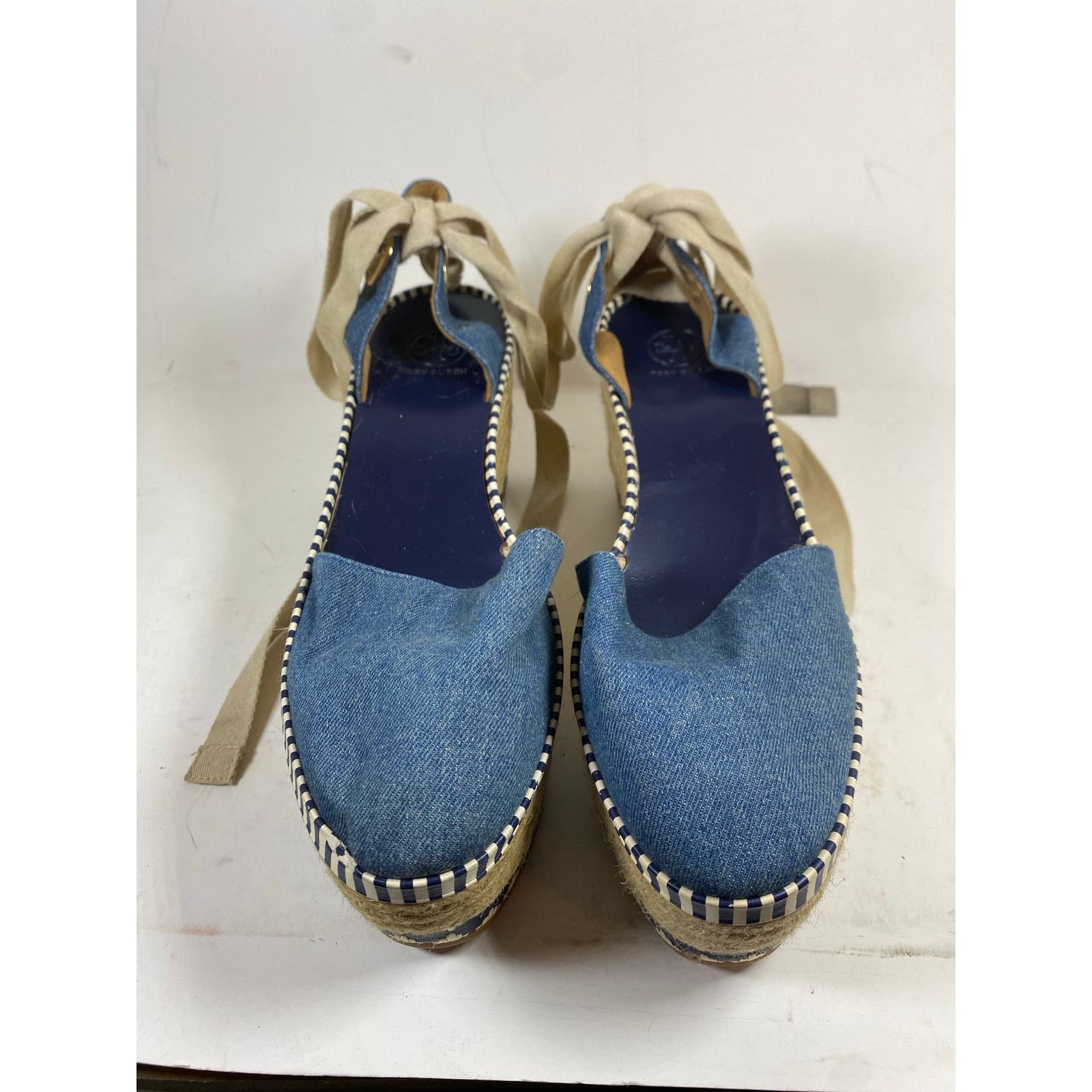 Tory Burch Dandy Blue Denim Espadrille Ankle Wrap Wedges 9W