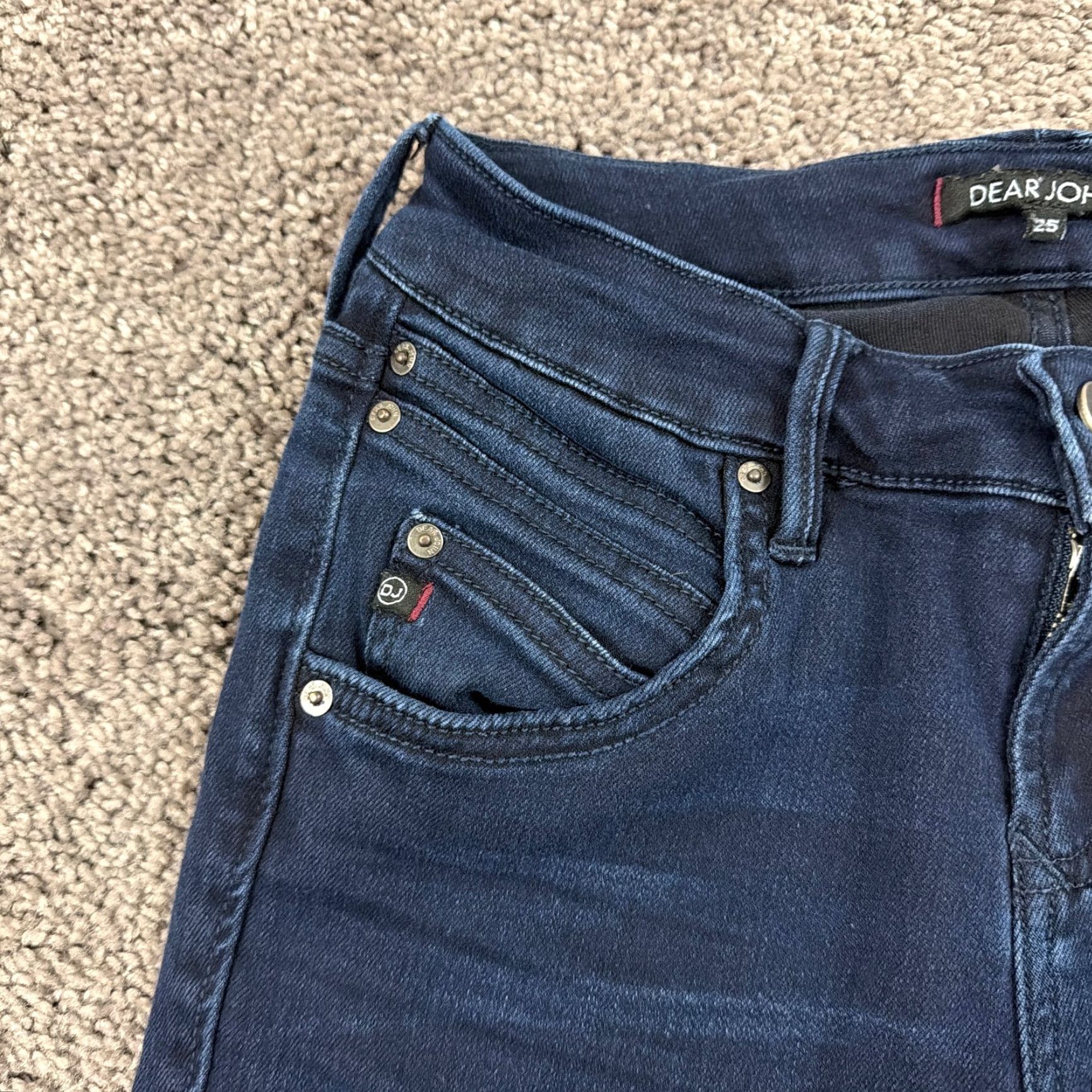 Denime Dear John Jeans Women Boot Cut Low Rise Dark Wash Stretch Denim 24x33 Regular 25 Blue Leather Logo? Size 42" / US 20 - 3 Thumbnail