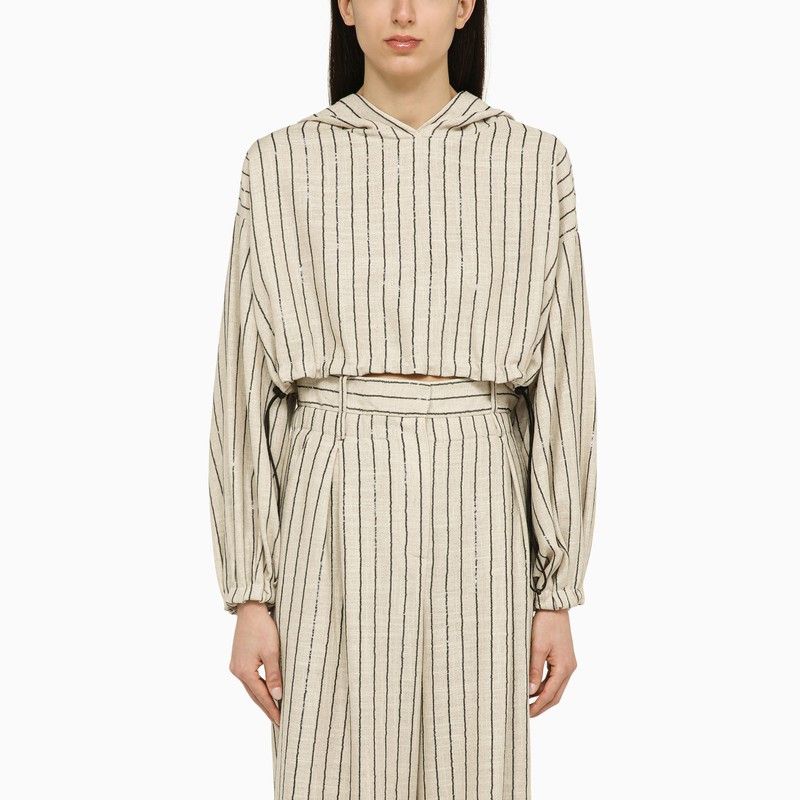 image of The Mannei Sunne Beige Striped Cropped Sweatshirt In Linen Blend, Women's (Size Small)
