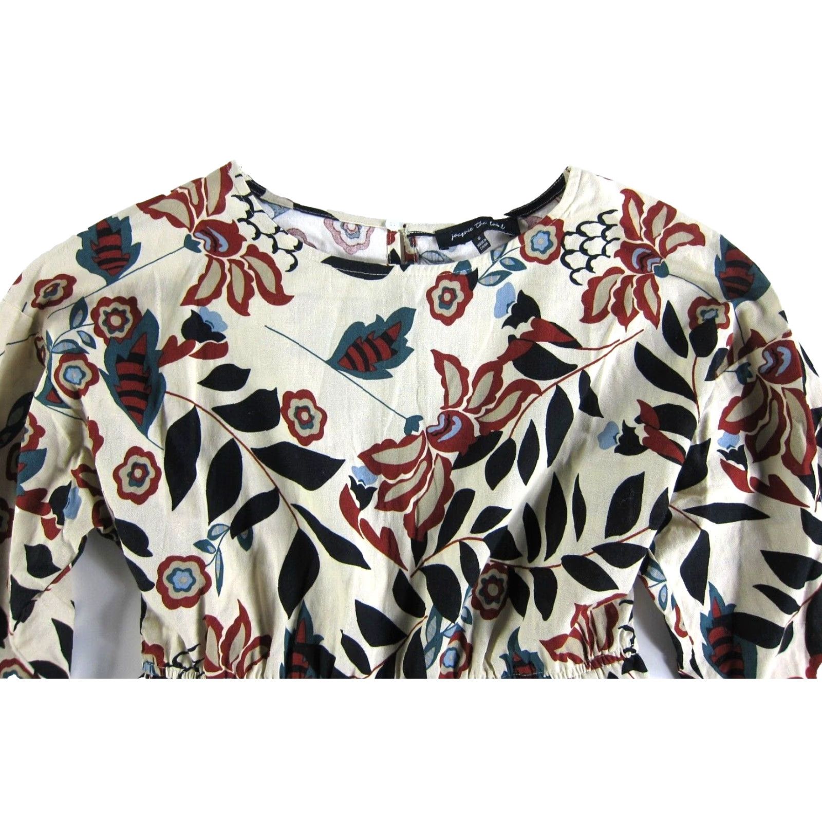 Vintage Jacquie The Label 100% Cotton Ivory Red Green Floral Long Sleeve Smock Dress S Size S / US 4 / IT 40 - 4 Thumbnail