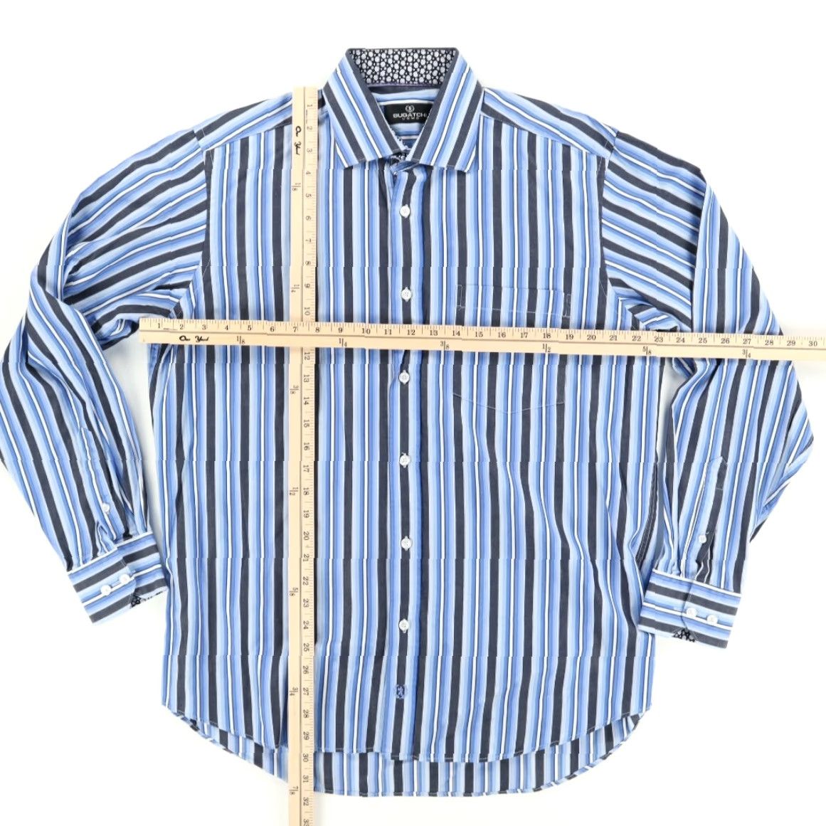 BUGATCHI Bugatchi Uomo Button Up Shirt Long Sleeve Striped Cotton Blue Men's L Flip Cuff Shirt Mens Size US L / EU 52-54 / 3 - 3 Thumbnail