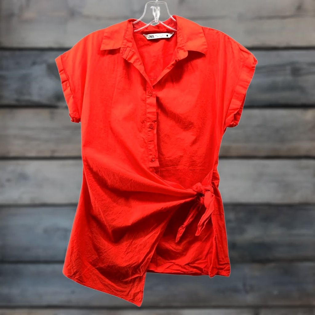 Zara Zara Shirt Womens XS Red Short Sleeve Poplin Button Front Popover Asymmetric Blouse Casual Knit Cotton Size XS / US 0-2 / IT 36-38 - 1 Thumbnail