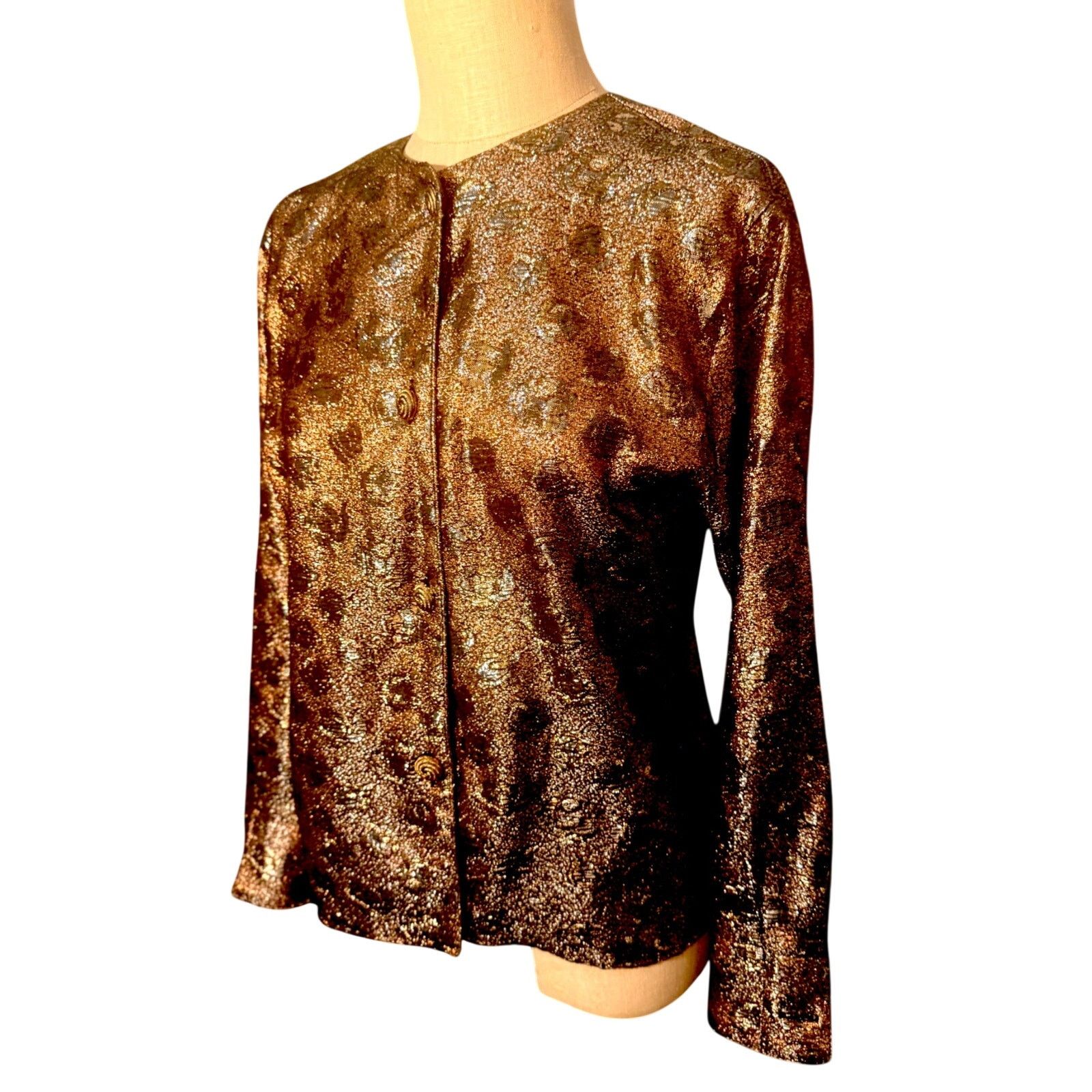 Anne Klein 90s Bronze Copper Metallic Brocade Evening Jacket Size M / US 6-8 / IT 42-44 - 3 Thumbnail