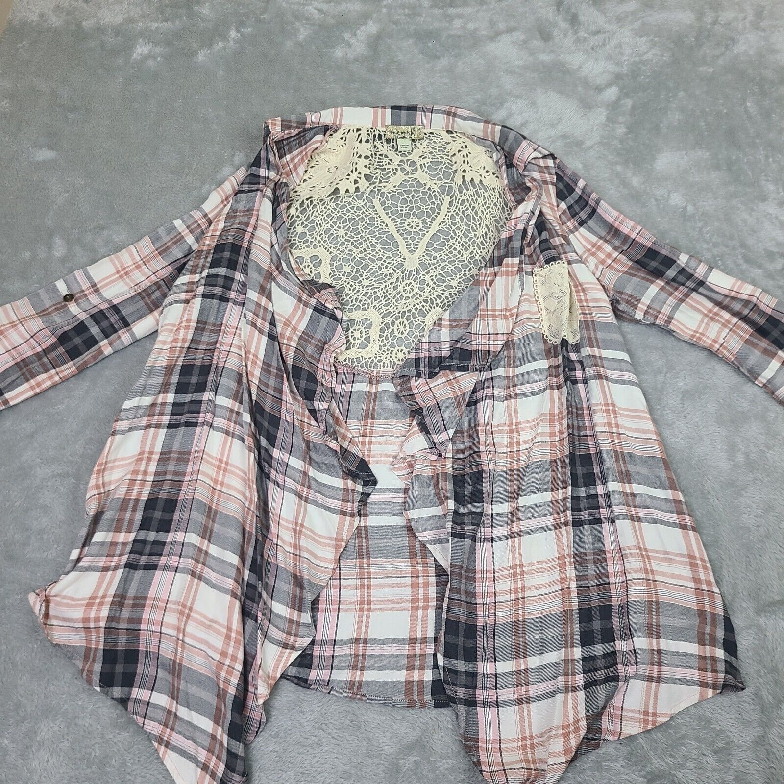Vintage One World Womens Cardigan Medium Plaid Lace Back Open Drape Size M / US 6-8 / IT 42-44 - 1 Thumbnail