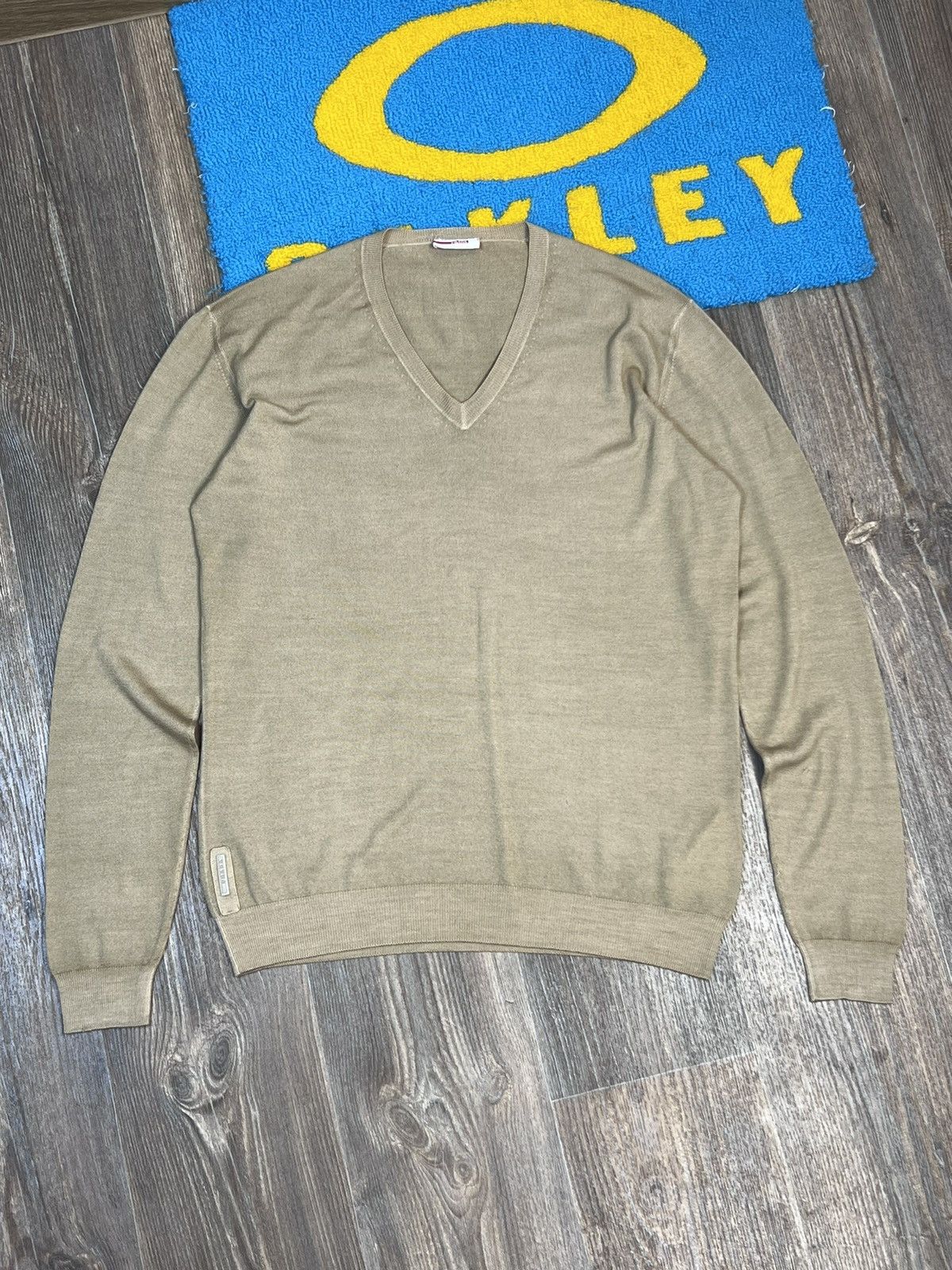 image of Prada Beige Tab V-Neck Wool Sweater, Men's (Size XL)