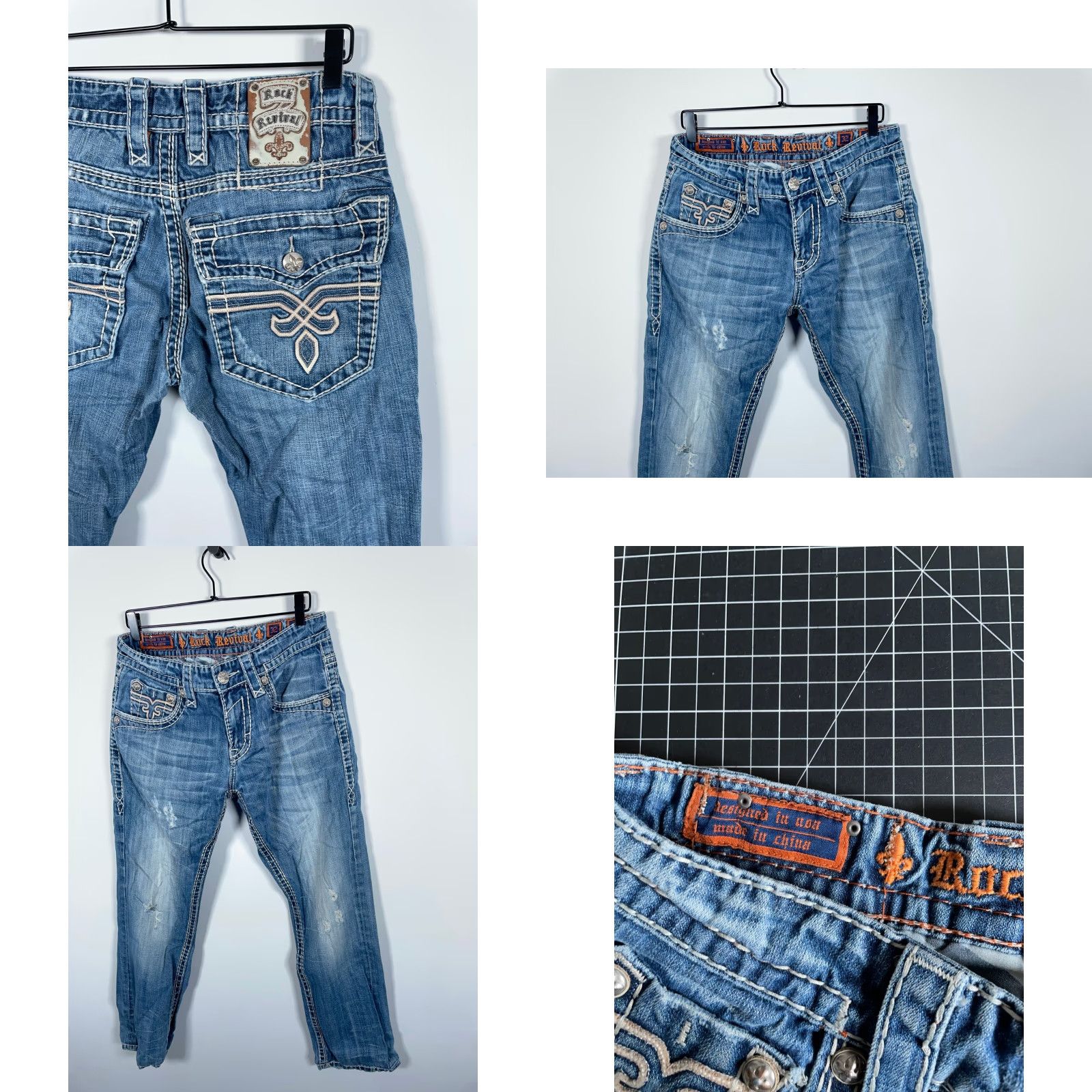 Vintage Rock Revival Jeans Straight 32x28 Men's Blue Distressed Studded 90s Rock Denim Denim Shirt? Size US 32 / EU 48 - 10 Thumbnail