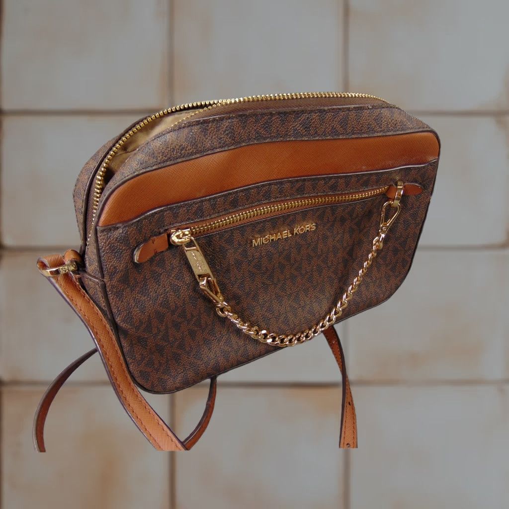 Michael Kors Michael Kors Jet Set Brown Monogram Crossbody Bag Chain Accent 35S1GTTC9B Size ONE SIZE - 1 Thumbnail