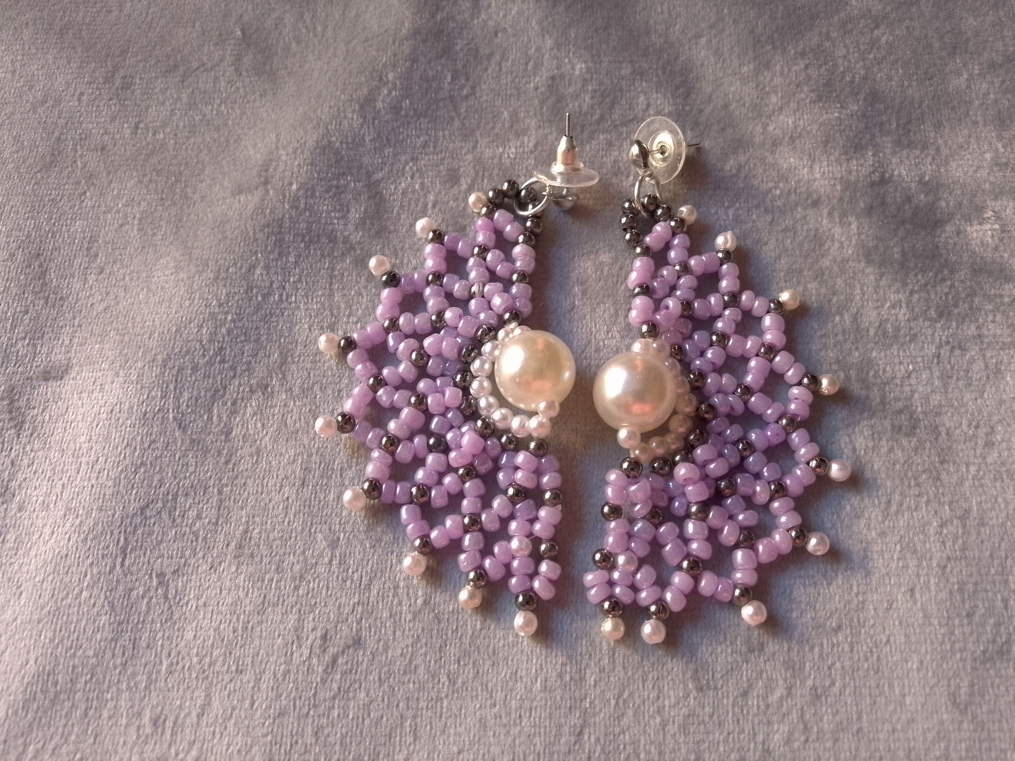 Handmade Earrings Purple Netted Ivory Pearls Fan Shape Size ONE SIZE - 3 Thumbnail