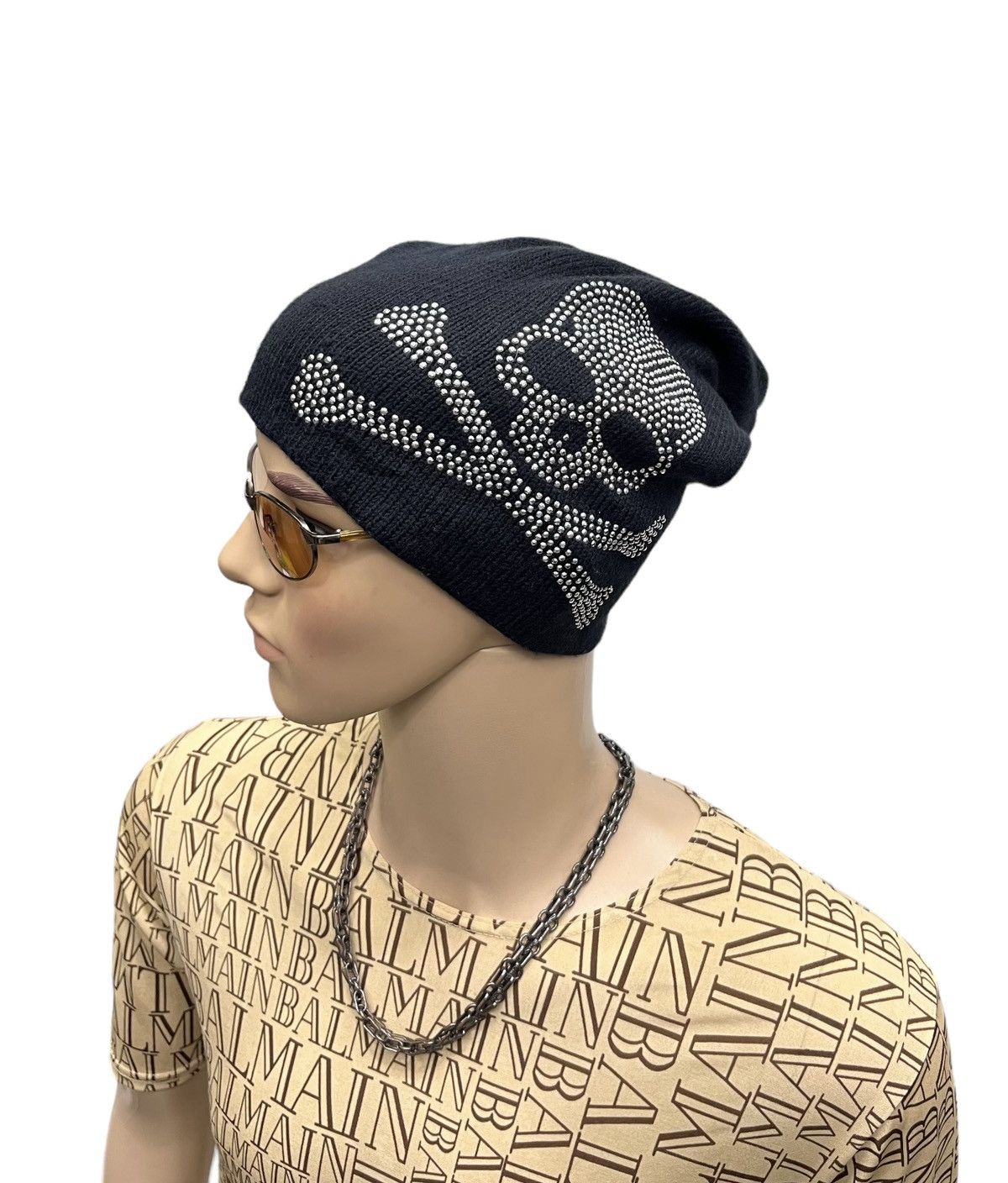 image of If Six Was Nine x Skulls Fyevintage Sparkle Skull Crossbones Acrylic Punk Beanie in Black, Men's