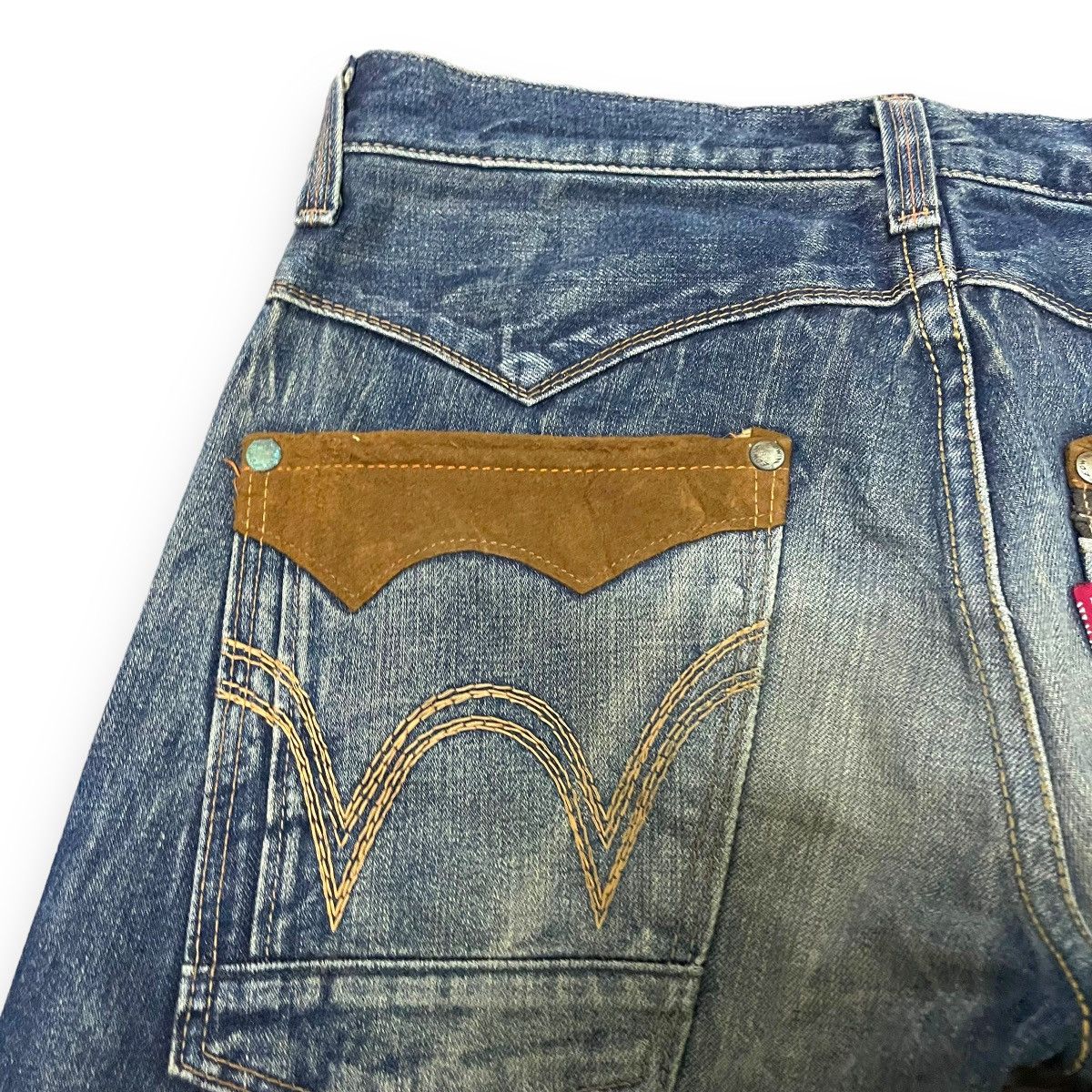 Edwin × Vintage 🇯🇵 EDWIN EXCLUSIVE VINTAGE WASHED LEATHER POCKET DENIM PANTS Size US 34 / EU 50 - 11 Thumbnail