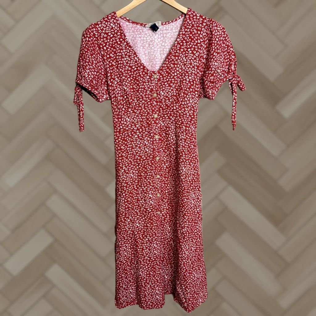 Vintage UNIVERSAL THREAD DRESS Womens S Red Floral PEASANT A-LINE Button-Up Rayon/Linen Ditsy Size S / US 4 / IT 40 - 1 Thumbnail