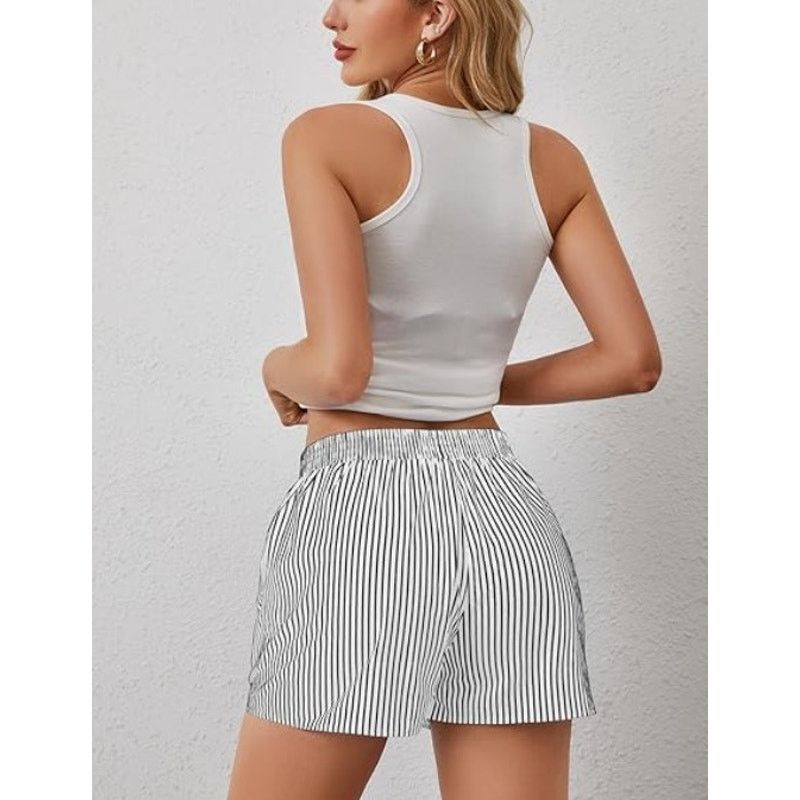 The Unbranded Brand Womens Lounge Shorts Striped Print Elastic Waist Boxer LARGE Size 24" / US 00 / IT 34 - 2 Thumbnail
