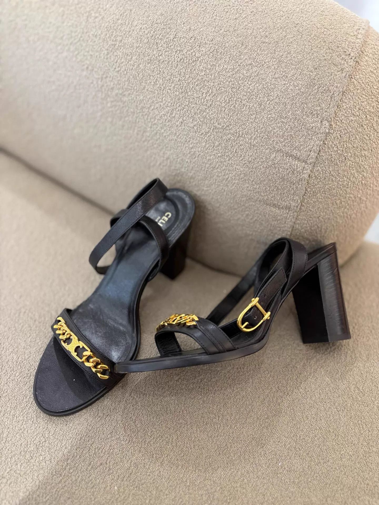 Celine Celine Black Gold Triomphe Block Heel Sandals 37 New Size US 6.5 / IT 36.5 - 2 Thumbnail