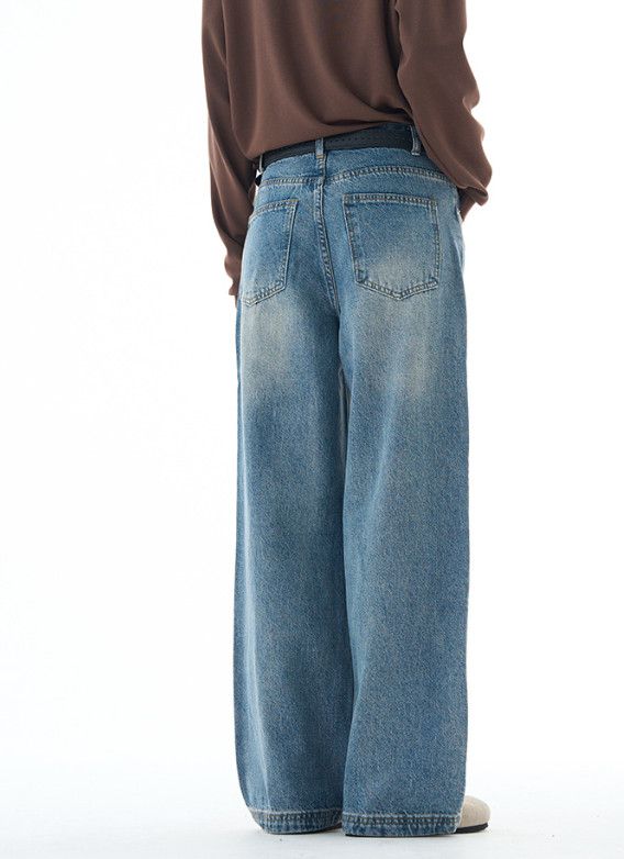 Japanese Brand Men's washed retro loose wide-leg whiskered straight jeans Size US 32 / EU 48 - 5 Thumbnail